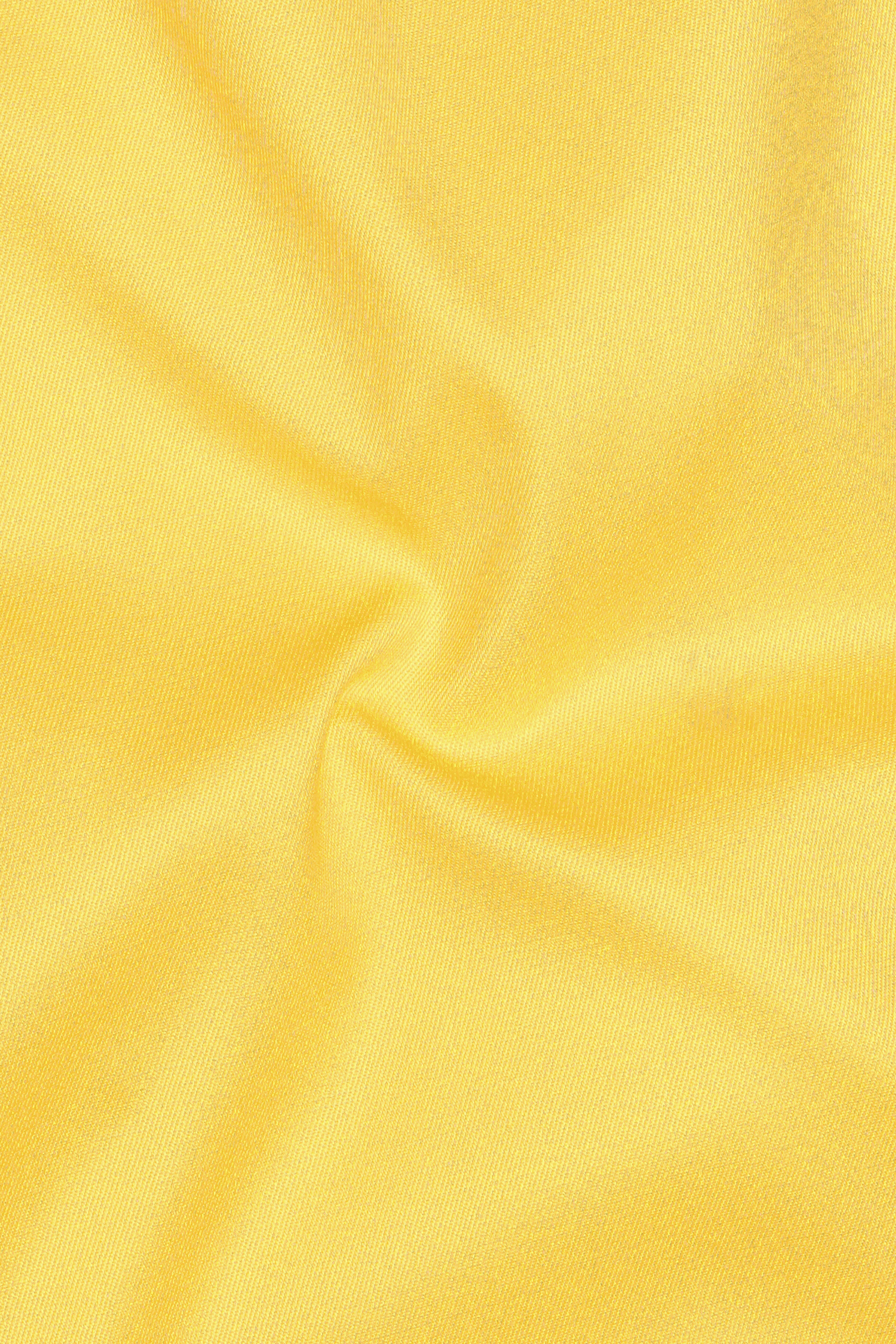 Saffron Elegance-Lemon Yellow Solid Wool Rich Cross Placket Bandhgala Slight Stretch Suit
