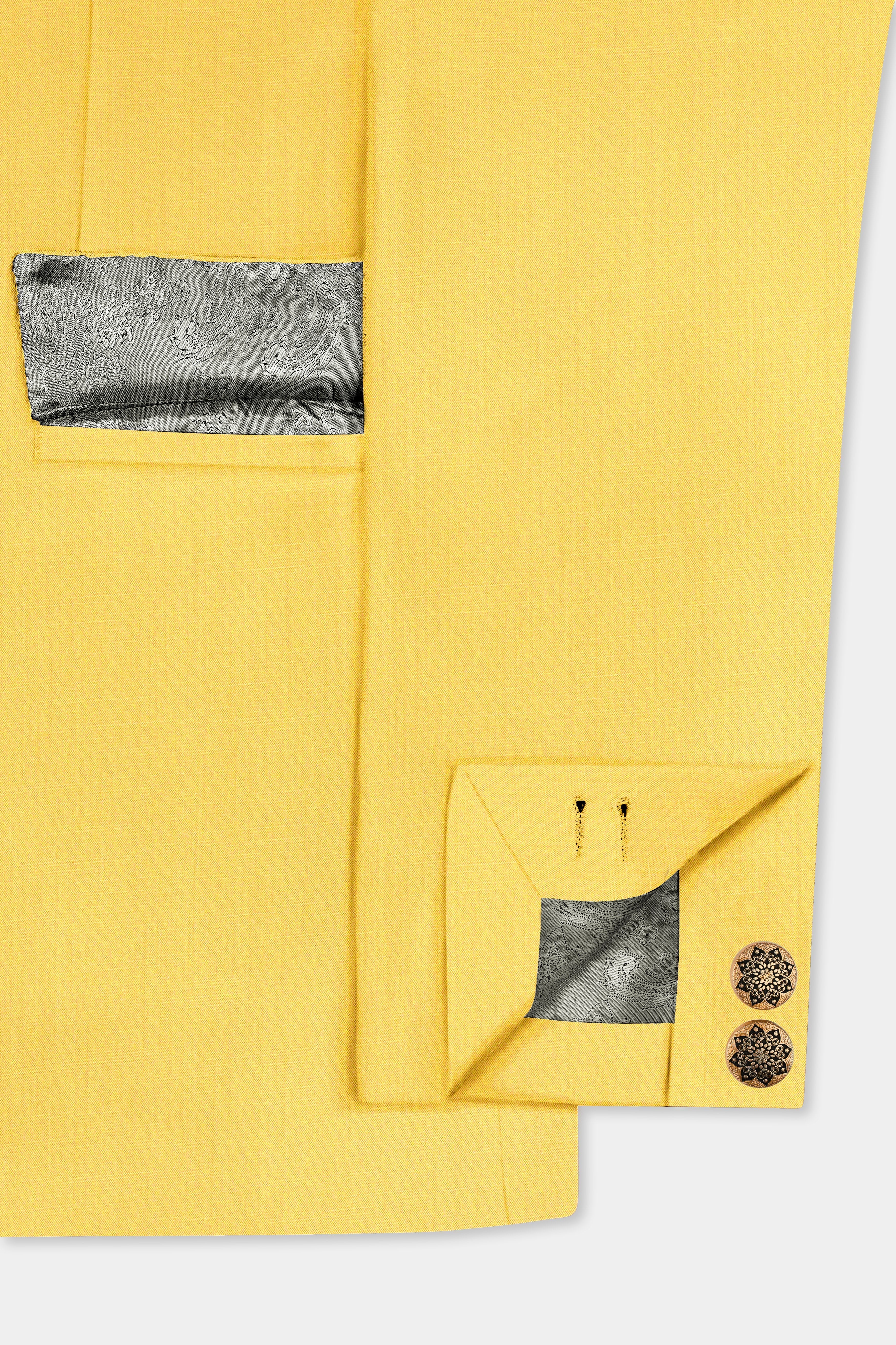 Saffron Elegance-Lemon Yellow Solid Wool Rich Cross Placket Bandhgala Stretchable traveler Suit