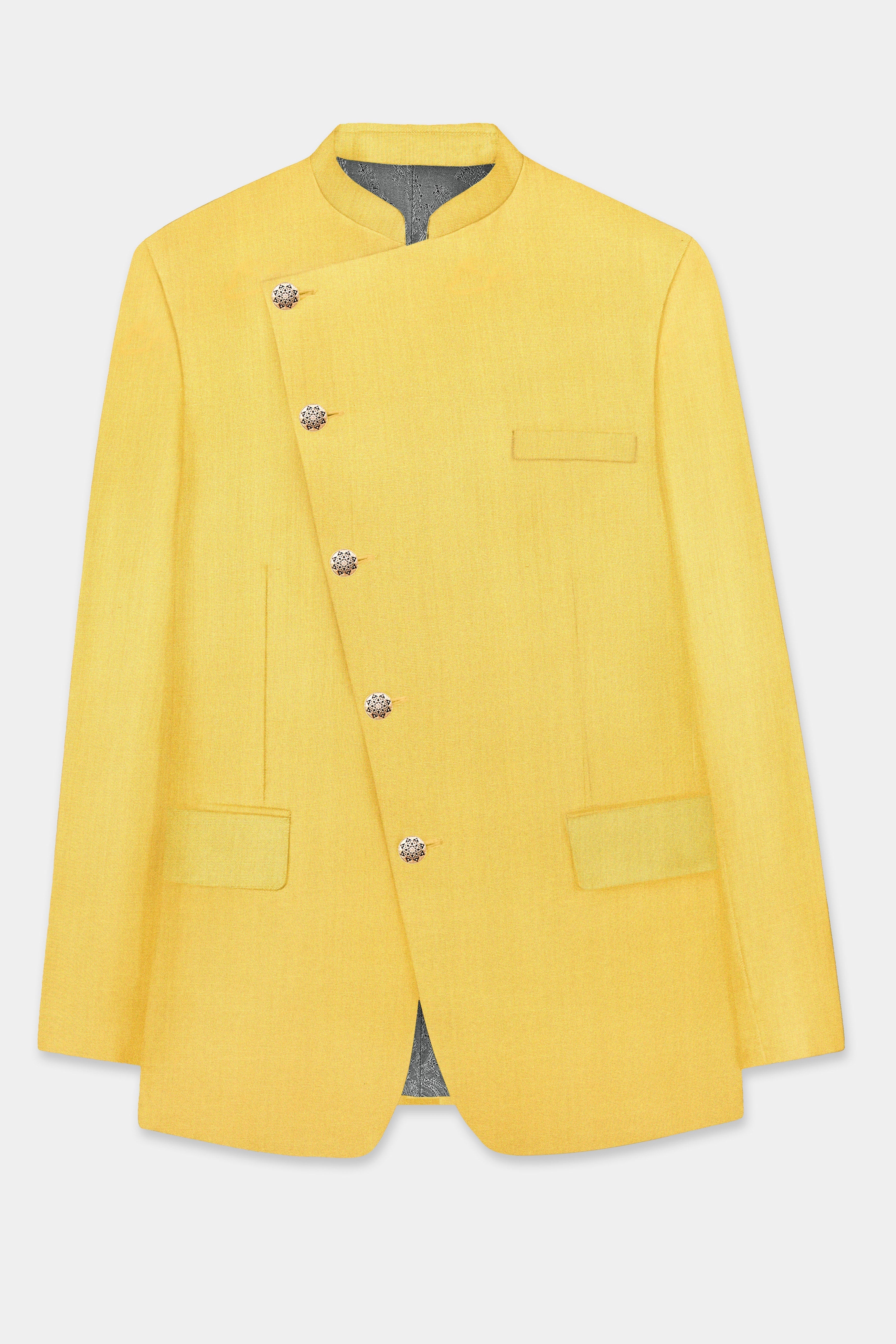 Saffron Elegance-Lemon Yellow Solid Wool Rich Cross Placket Bandhgala Stretchable traveler Suit