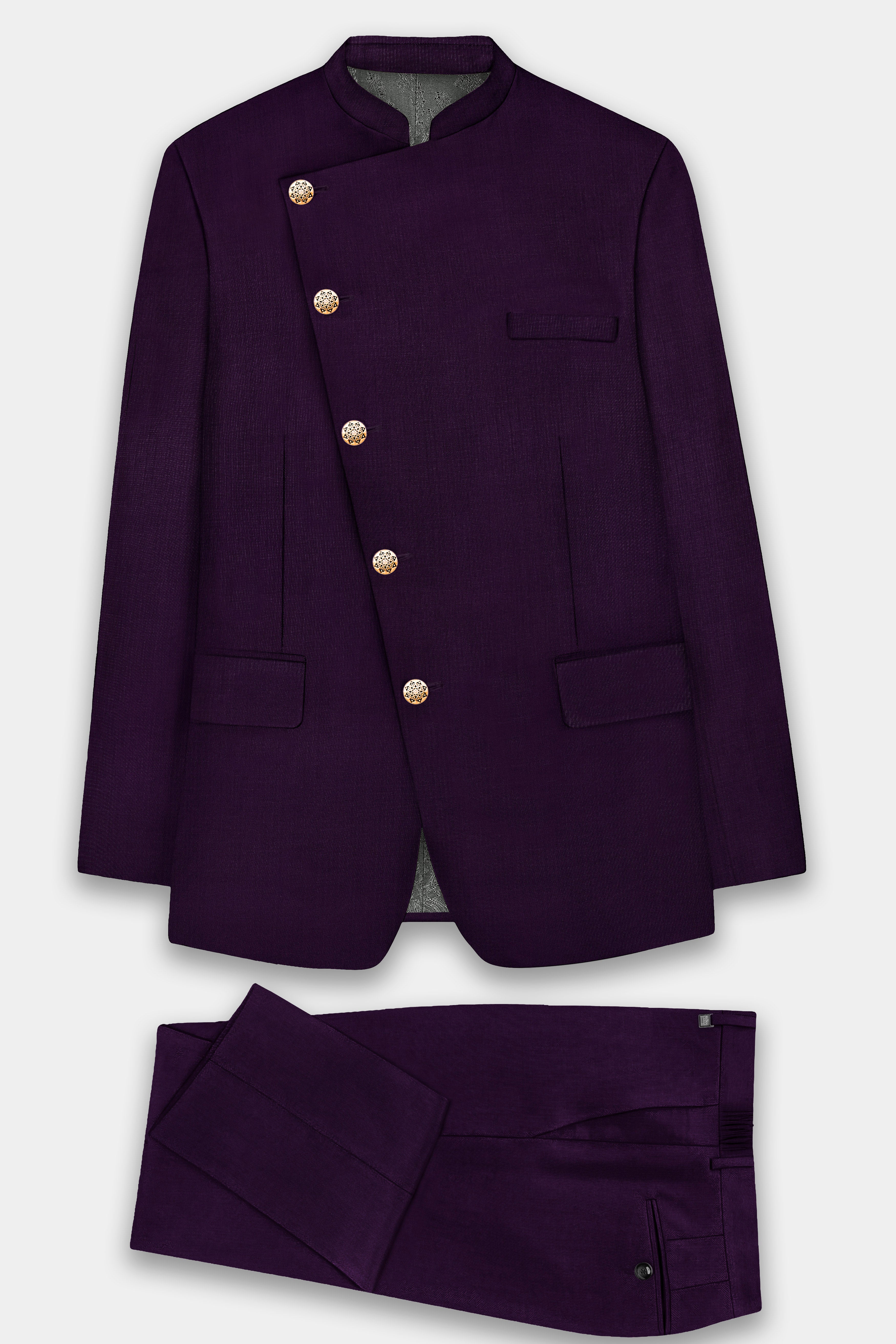 Regal Plum-Eggplant Purple Solid Wool Rich Cross Placket Bandhgala Stretchable traveler Suit