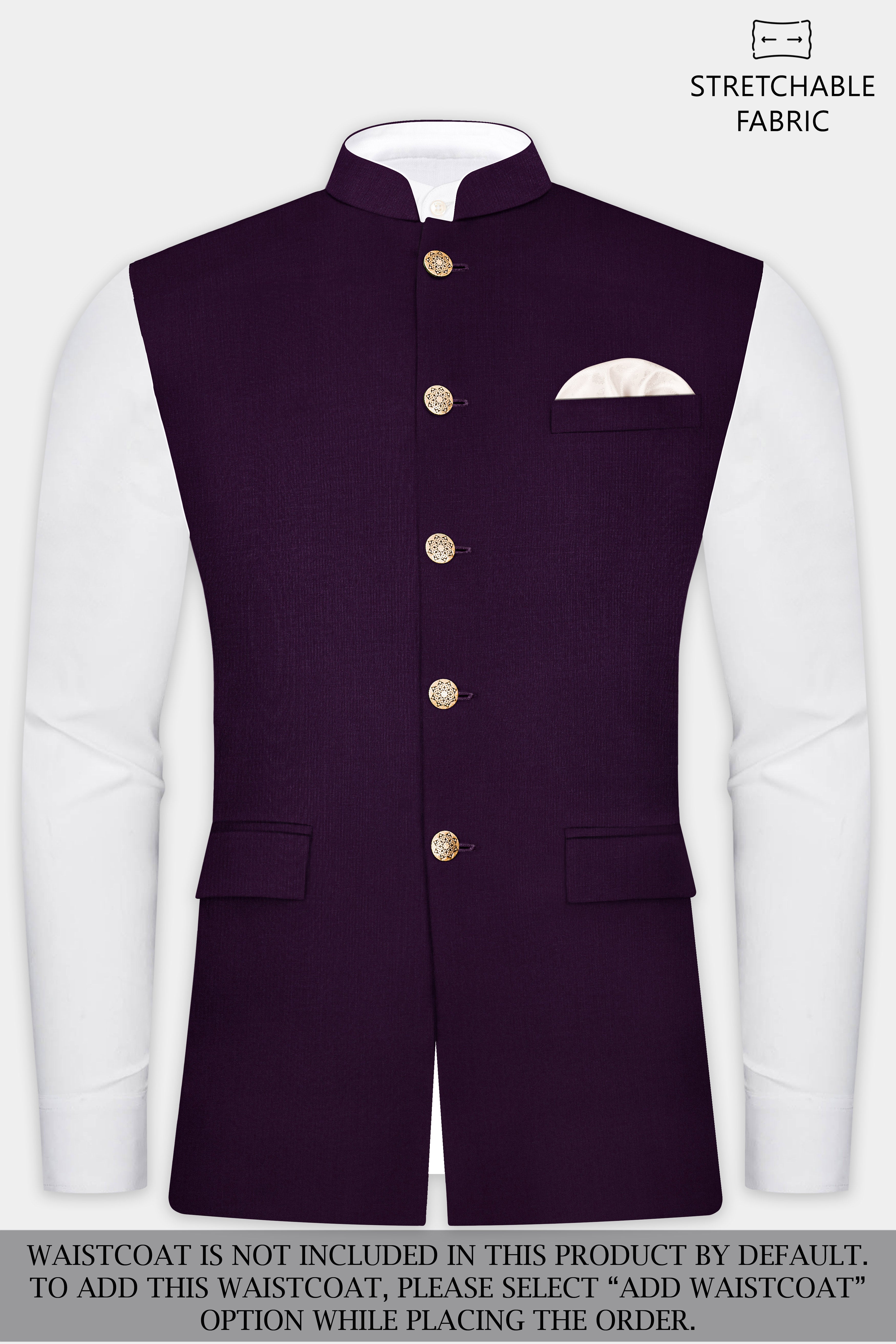 Regal Plum-Eggplant Purple Solid Wool Rich Cross Placket Bandhgala Stretchable traveler Suit