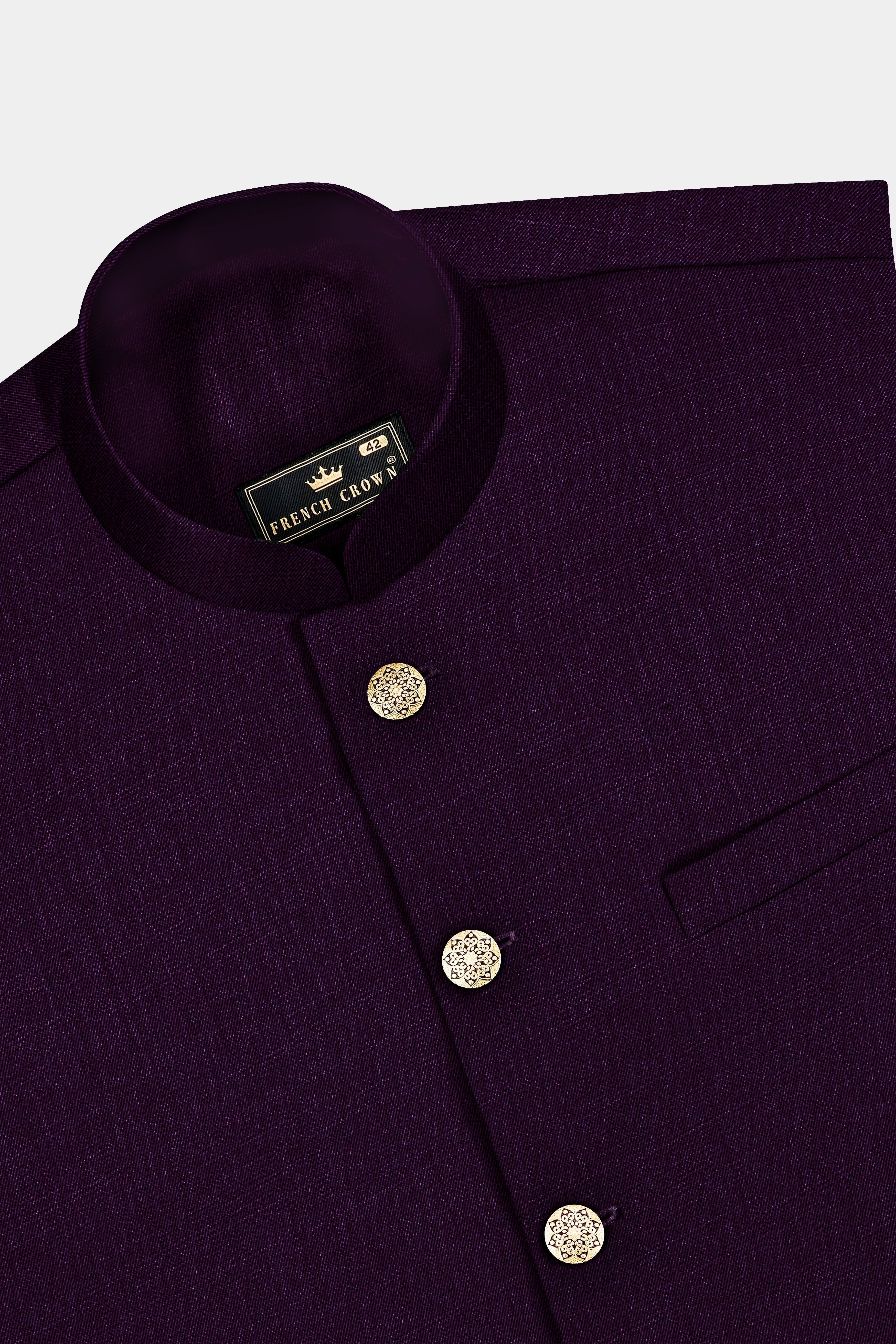 Regal Plum-Eggplant Purple Solid Wool Rich Cross Placket Bandhgala Stretchable traveler Suit