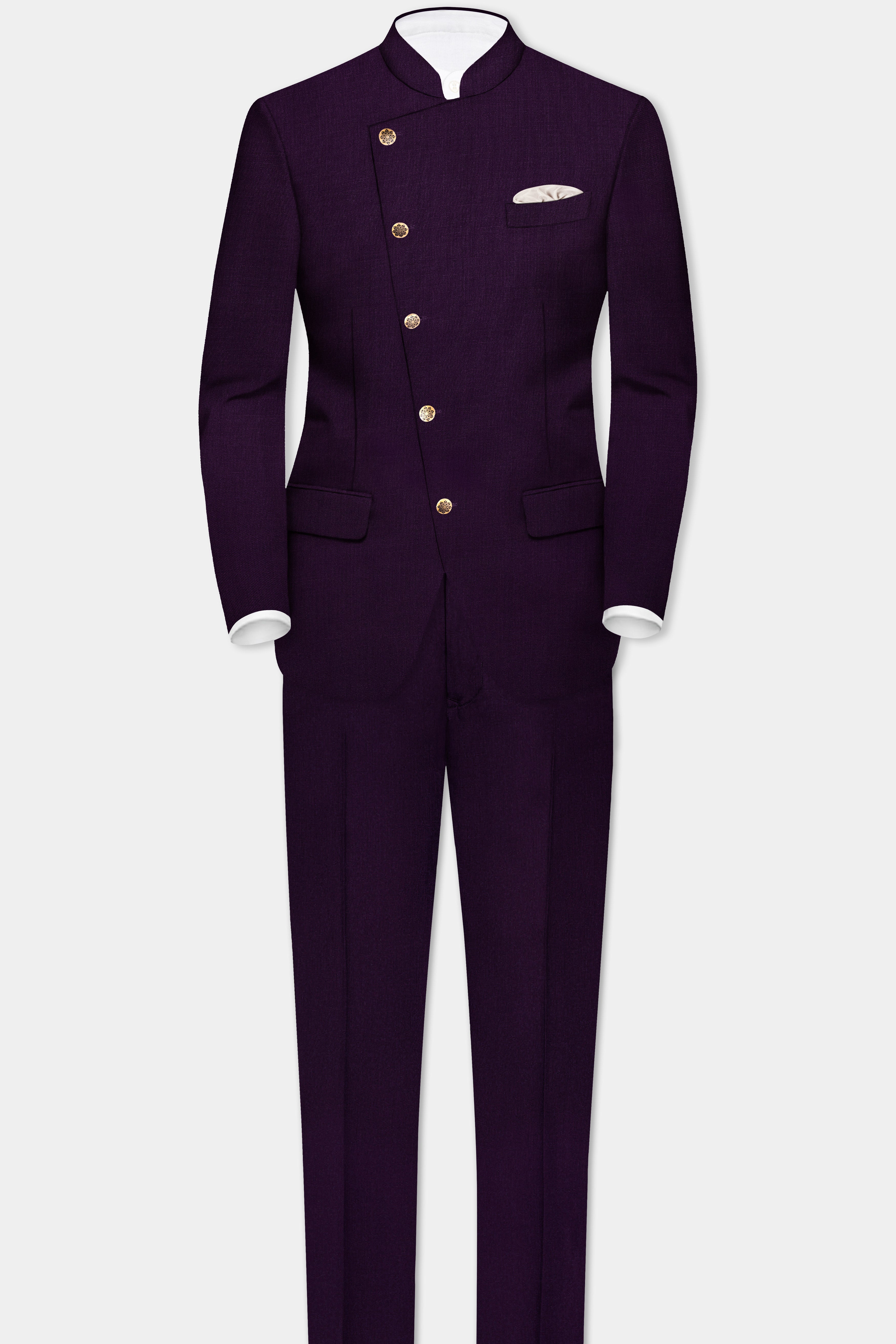 Regal Plum-Eggplant Purple Solid Wool Rich Cross Placket Bandhgala Stretchable traveler Suit