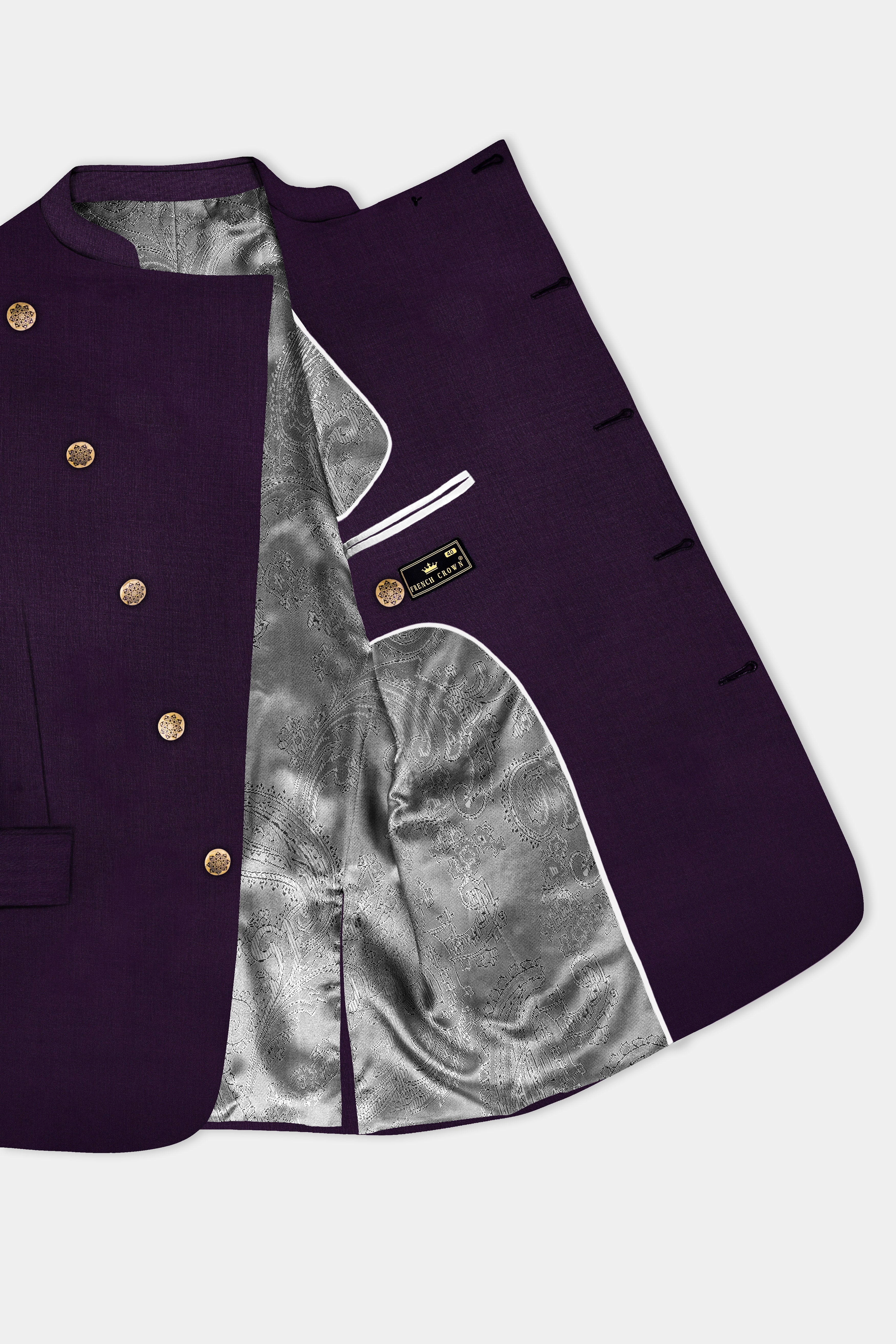 Regal Plum-Eggplant Purple Solid Wool Rich Cross Placket Bandhgala Stretchable traveler Suit