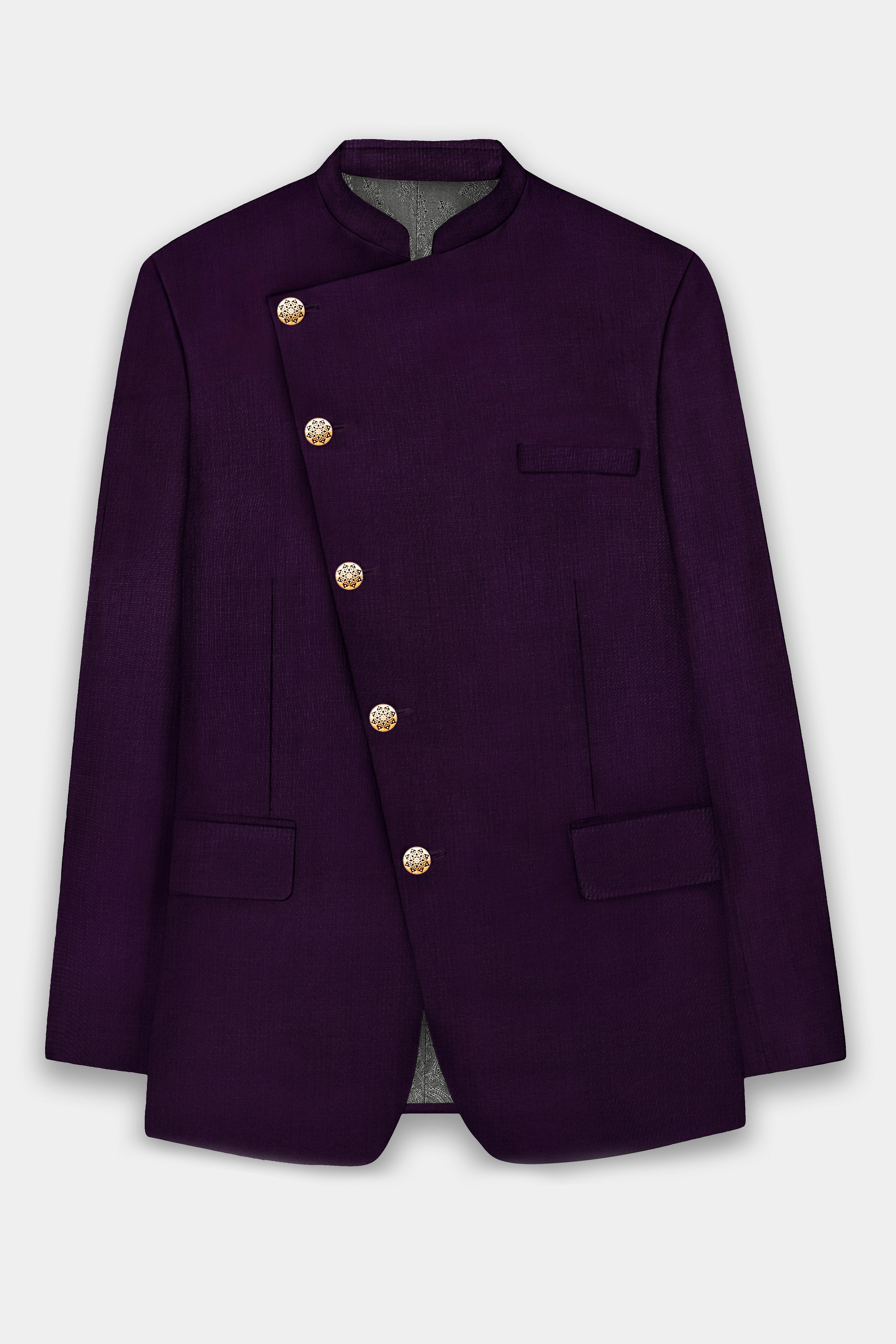 Regal Plum-Eggplant Purple Solid Wool Rich Cross Placket Bandhgala Stretchable traveler Suit