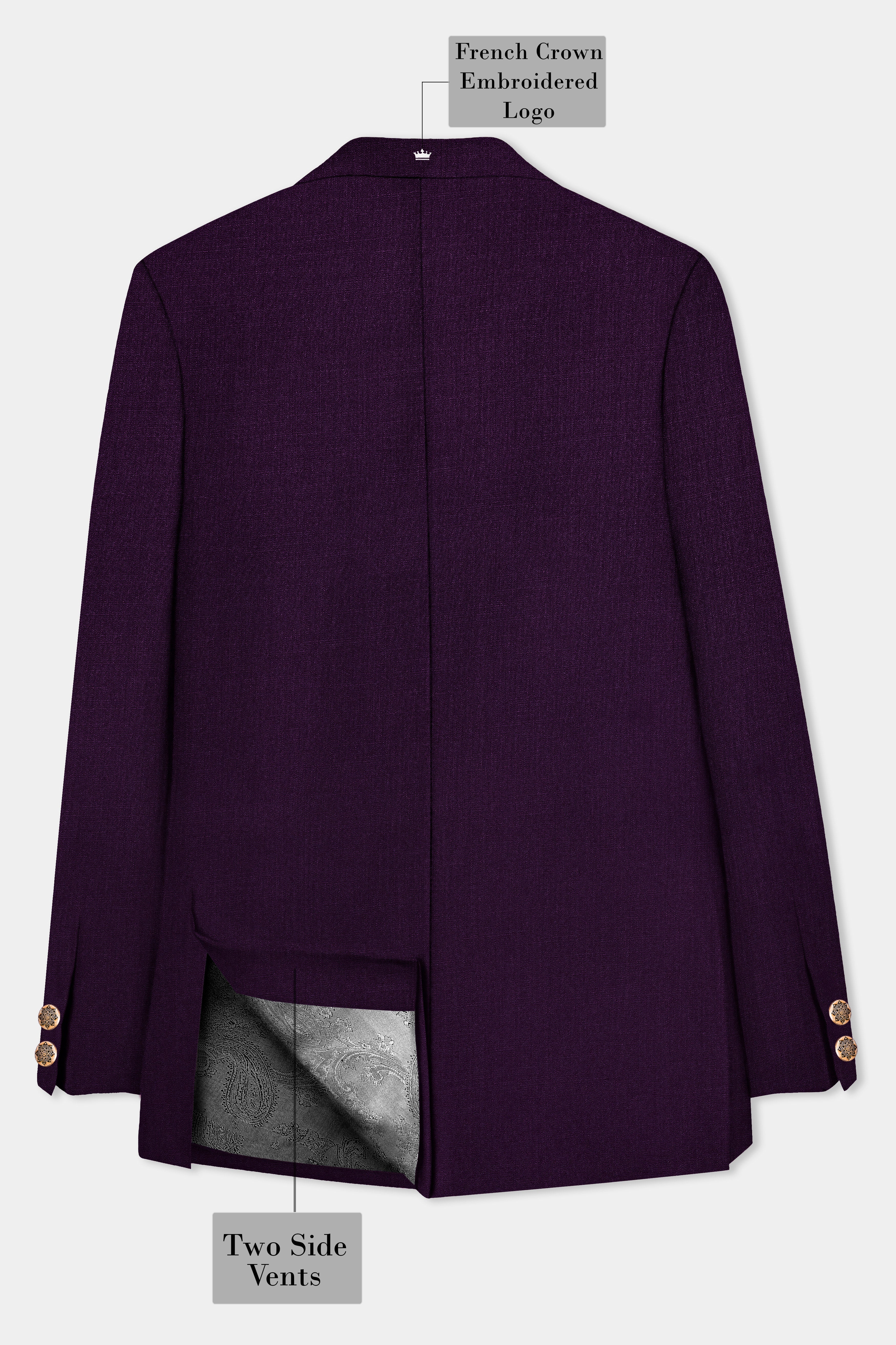 Regal Plum-Eggplant Purple Solid Wool Rich Cross Placket Bandhgala Stretchable traveler Suit