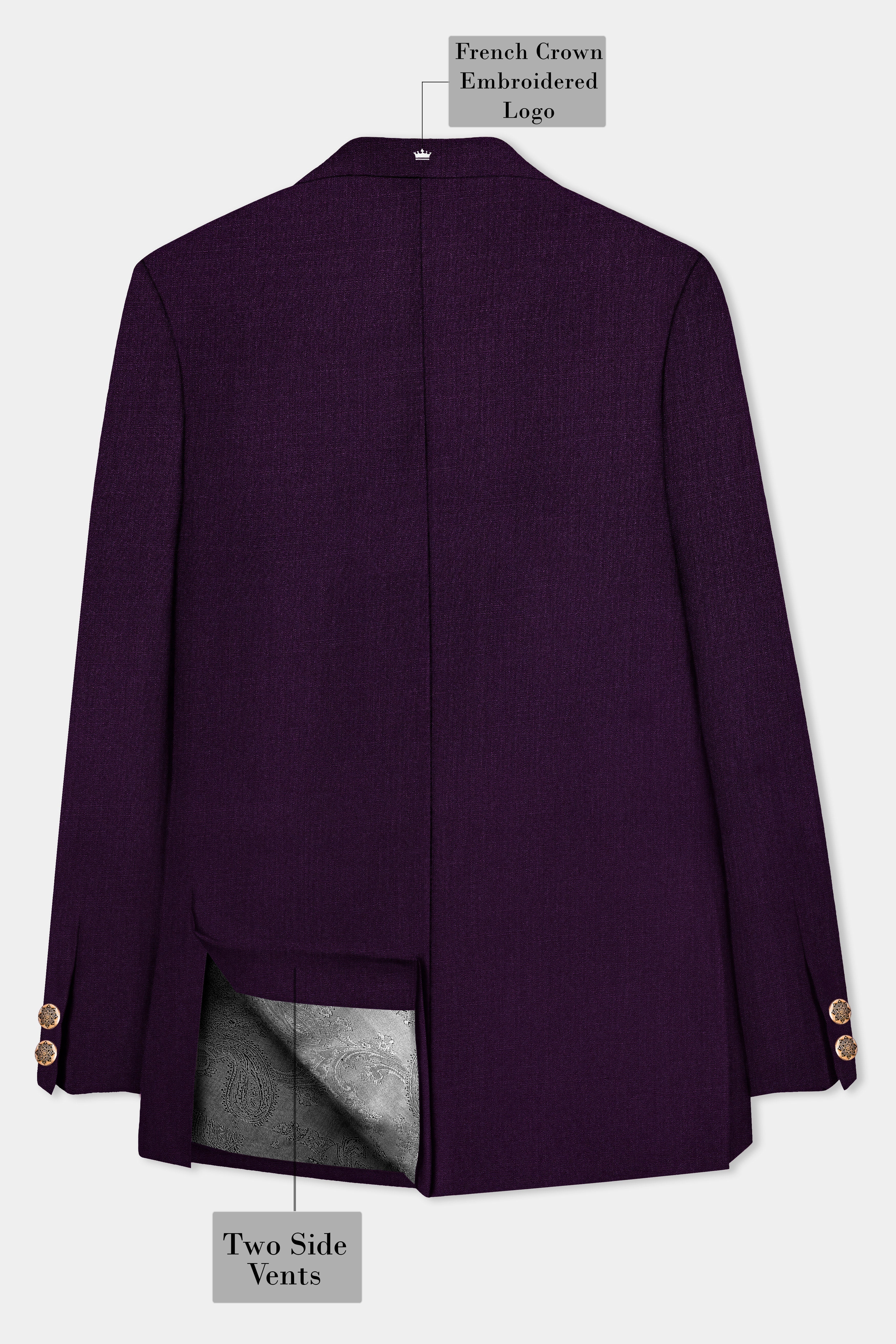 Regal Plum-Eggplant Purple Solid Wool Rich Cross Placket Bandhgala Stretchable traveler Suit