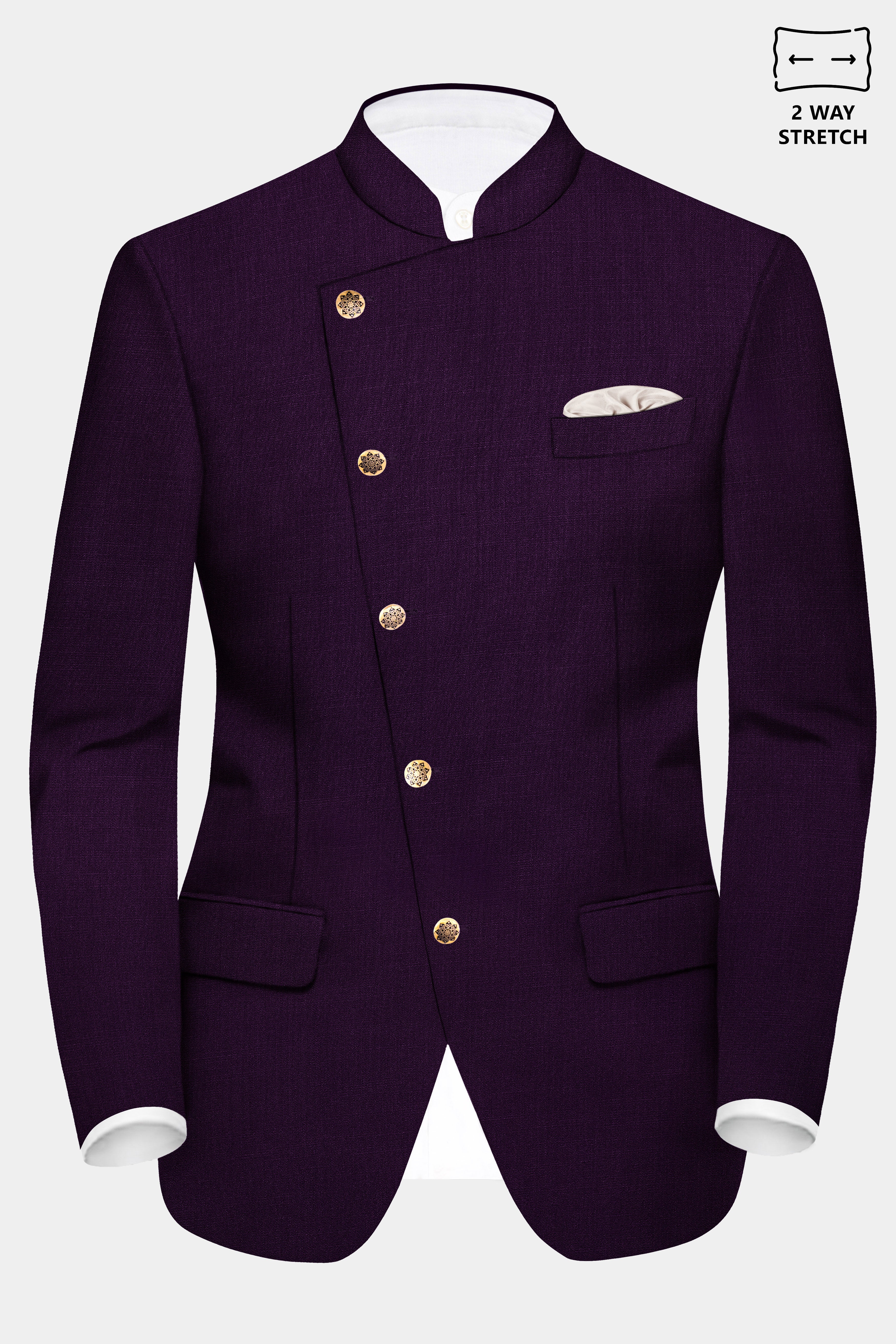 Regal Plum-Eggplant Purple Solid Wool Rich Cross Placket Bandhgala Stretchable traveler Suit