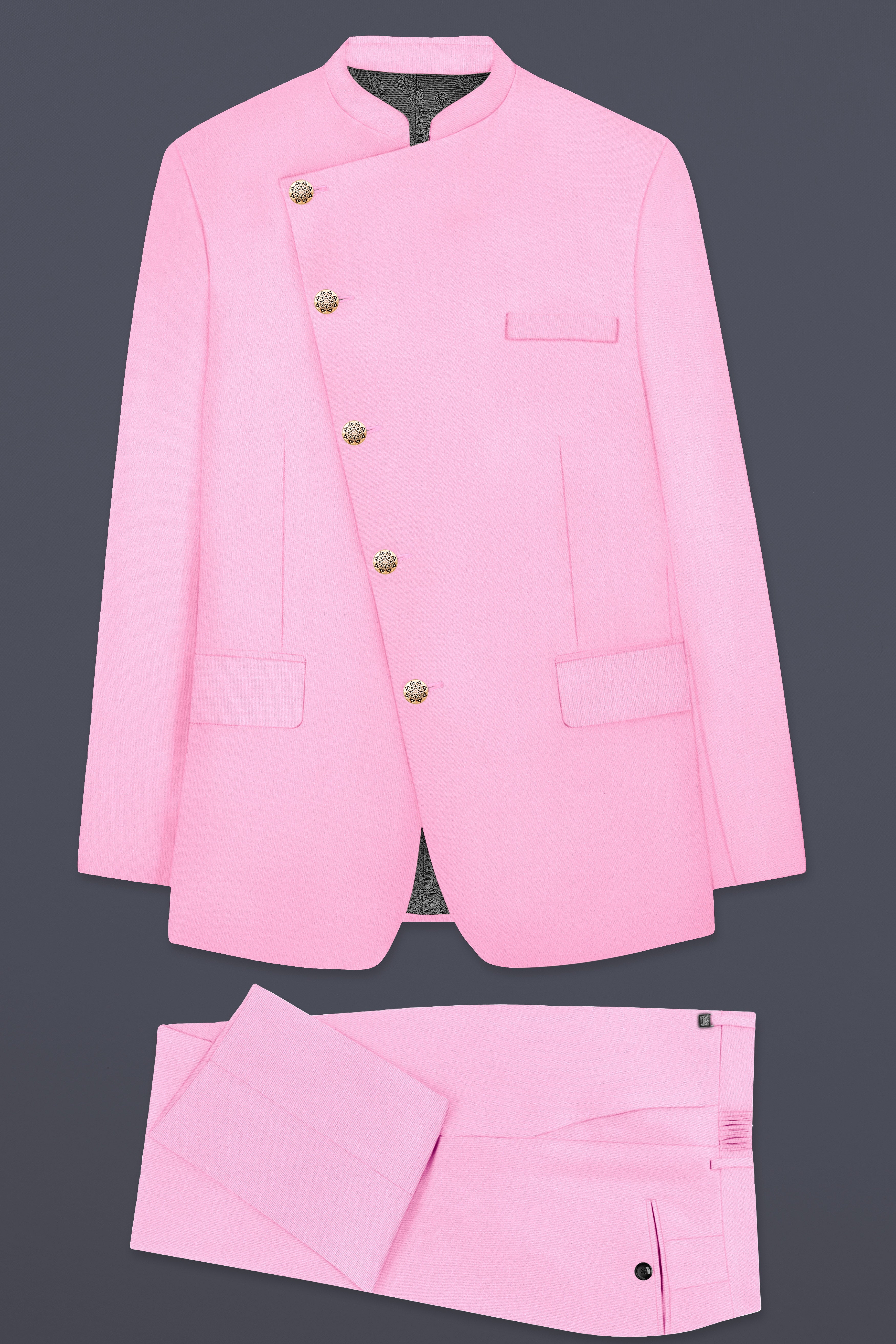 Rosé Reverie-Pestel Pink Solid Wool Rich Cross Placket Bandhgala Stretchable traveler Suit