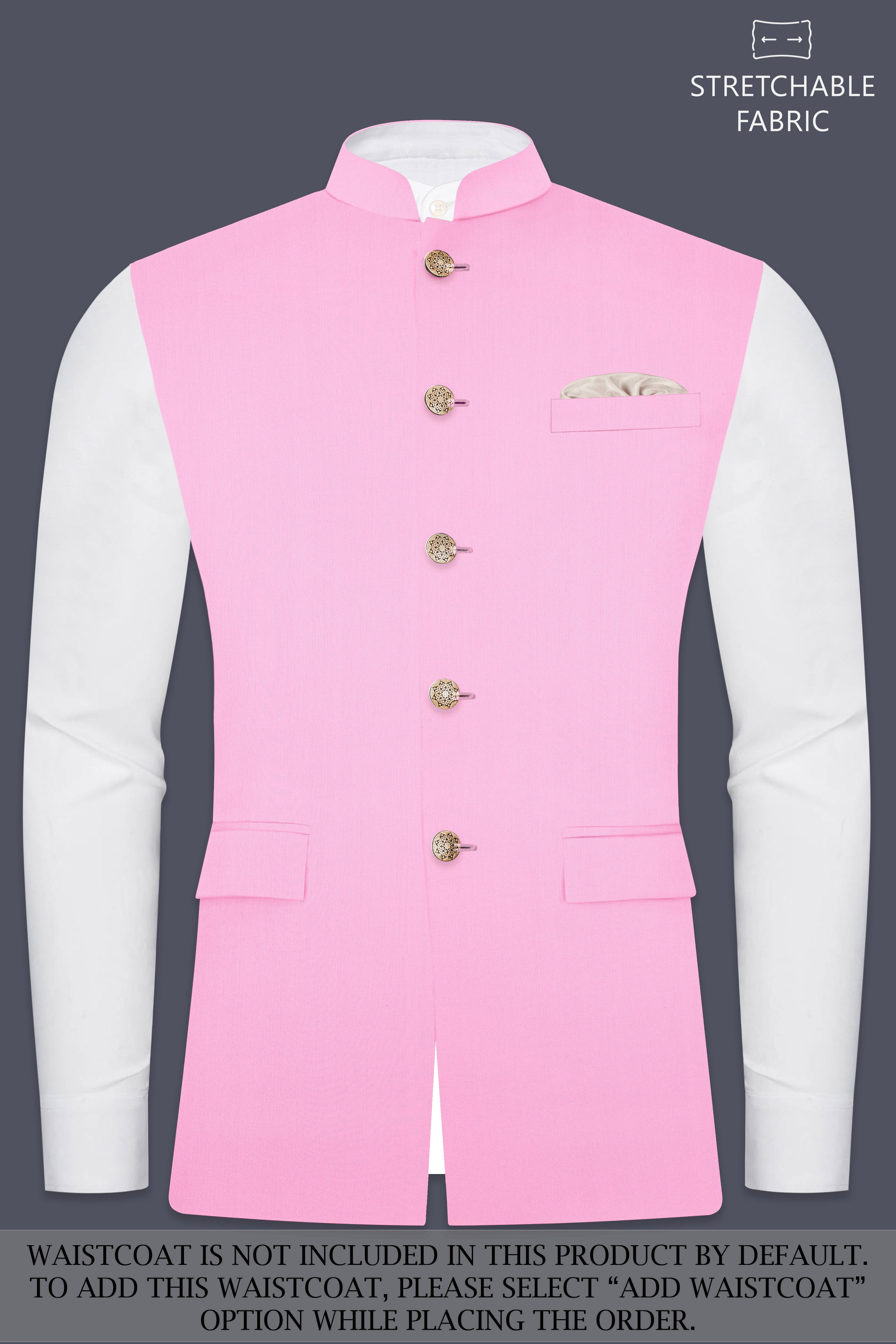 Rosé Reverie-Pestel Pink Solid Wool Rich Cross Placket Bandhgala Stretchable traveler Suit