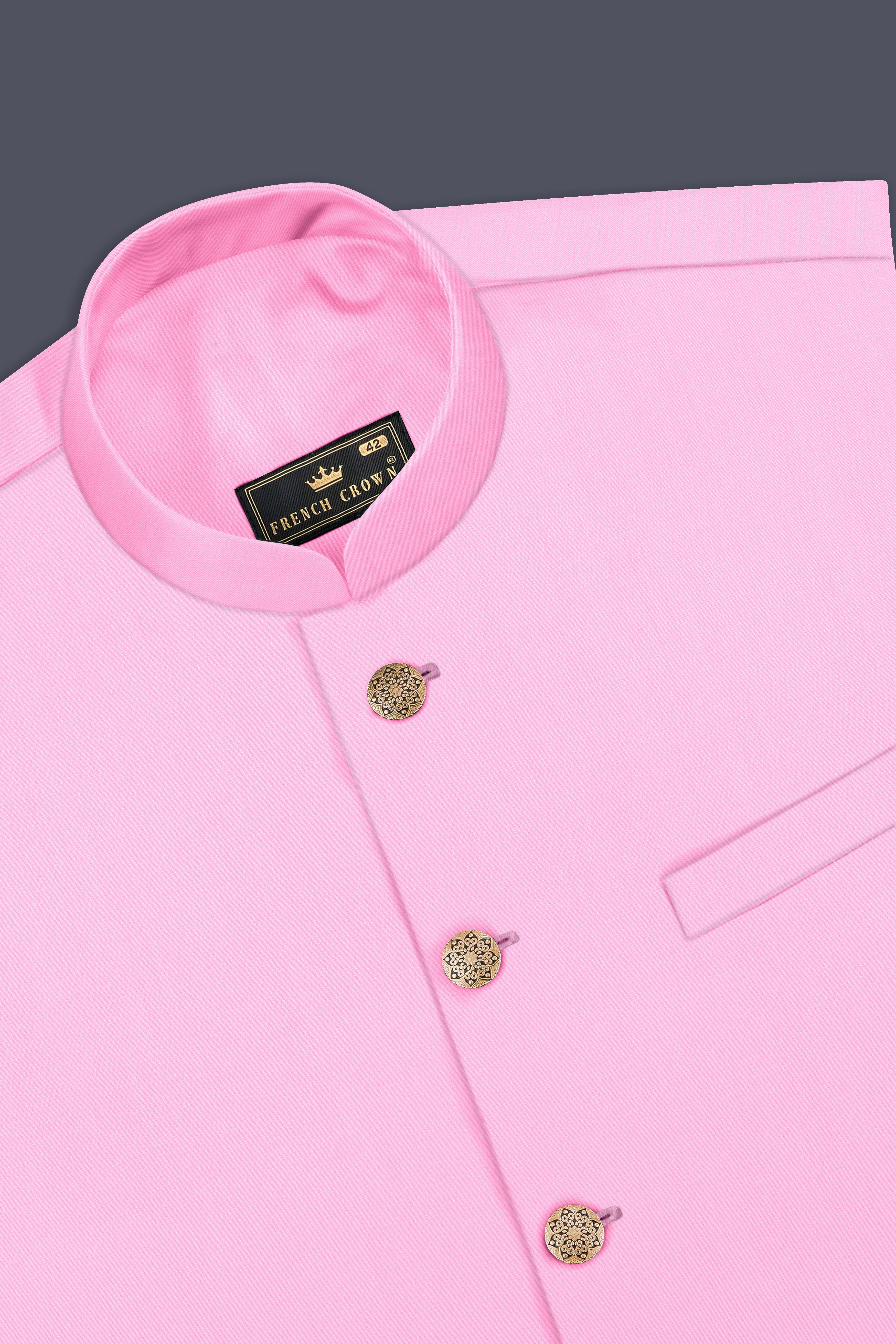 Rosé Reverie-Pestel Pink Solid Wool Rich Cross Placket Bandhgala Stretchable traveler Suit