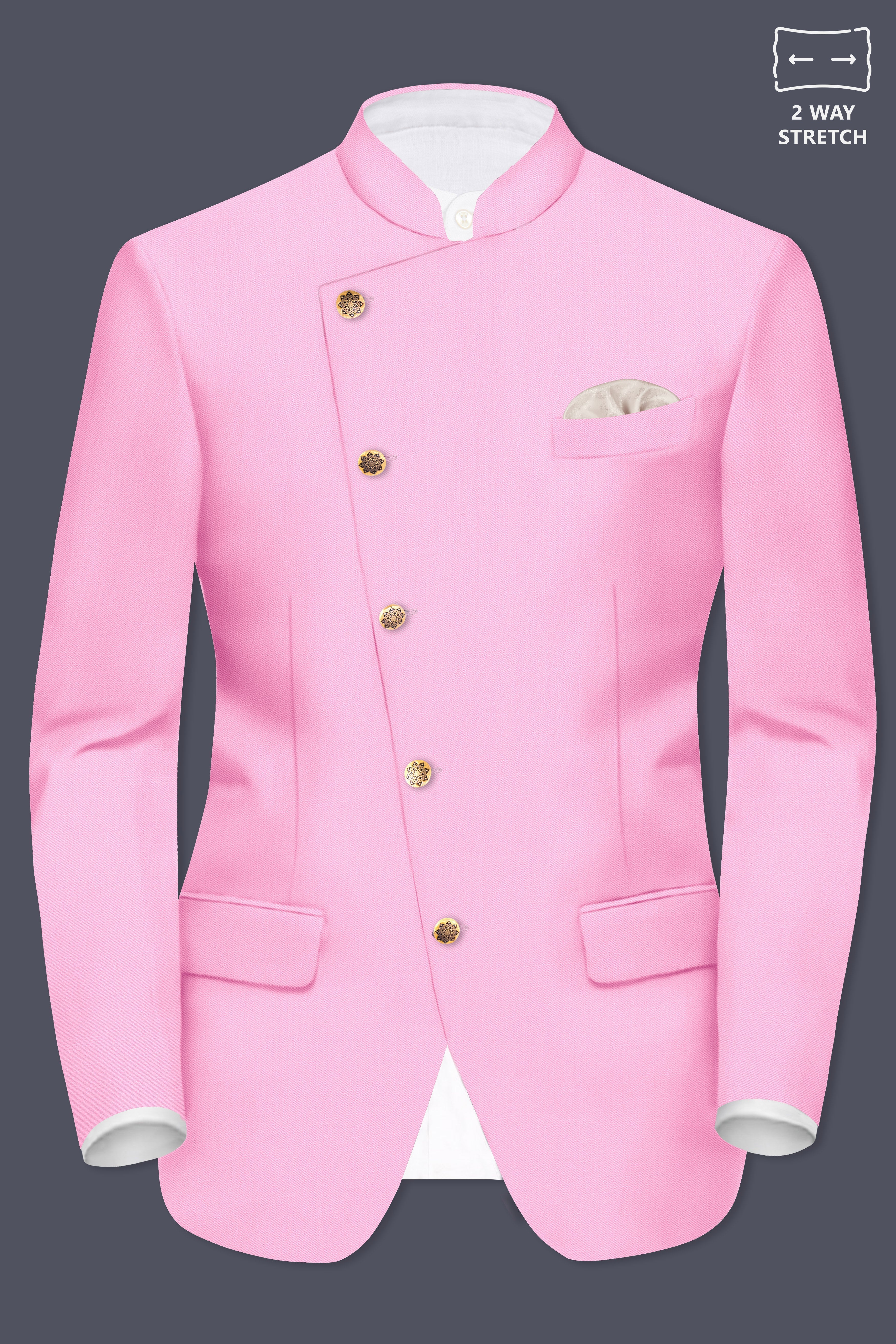 Rosé Reverie-Pestel Pink Solid Wool Rich Cross Placket Bandhgala Stretchable traveler Suit