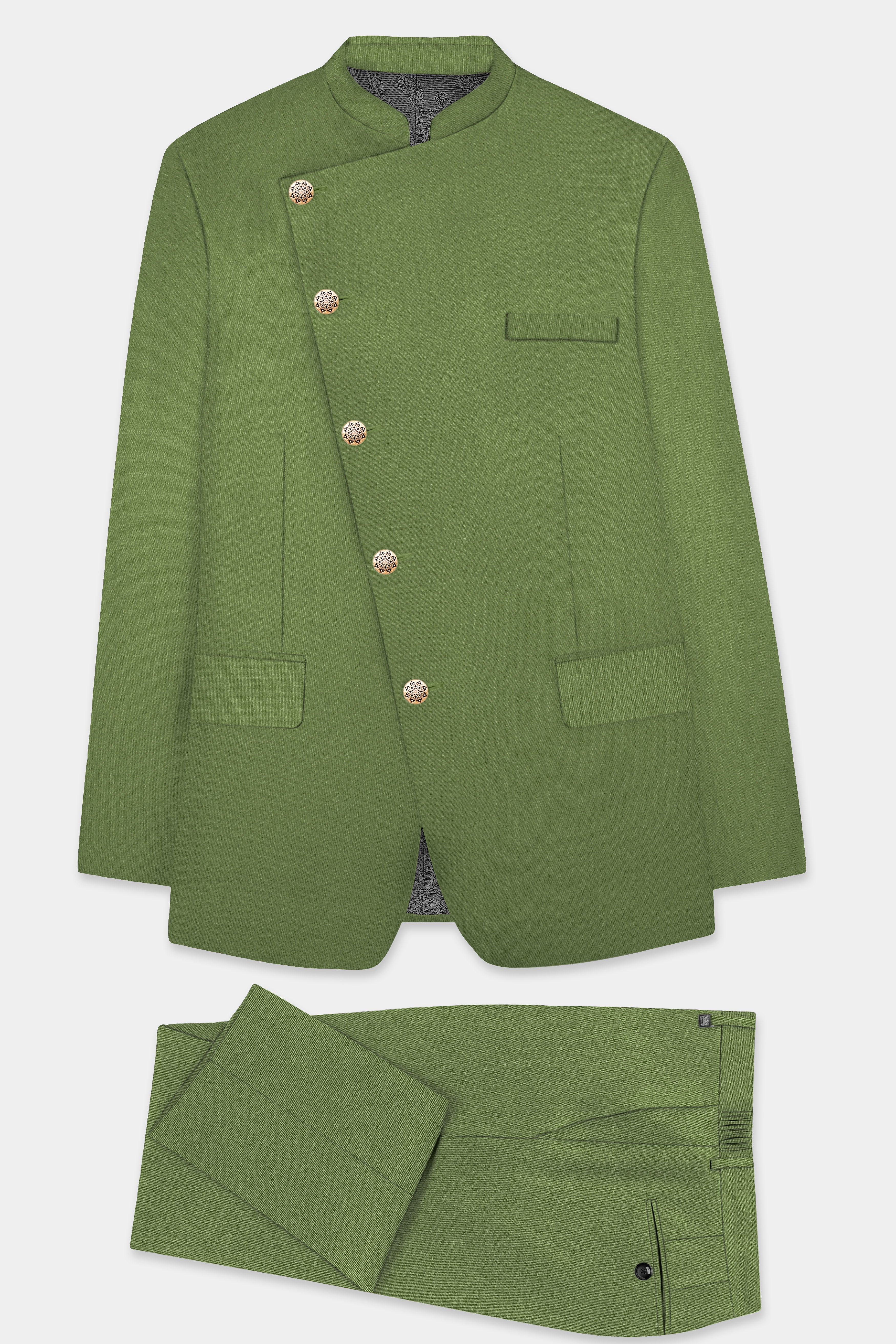 Sage Regal-Dingley Green Solid Wool Rich Cross Placket Bandhgala Stretchable traveler Suit