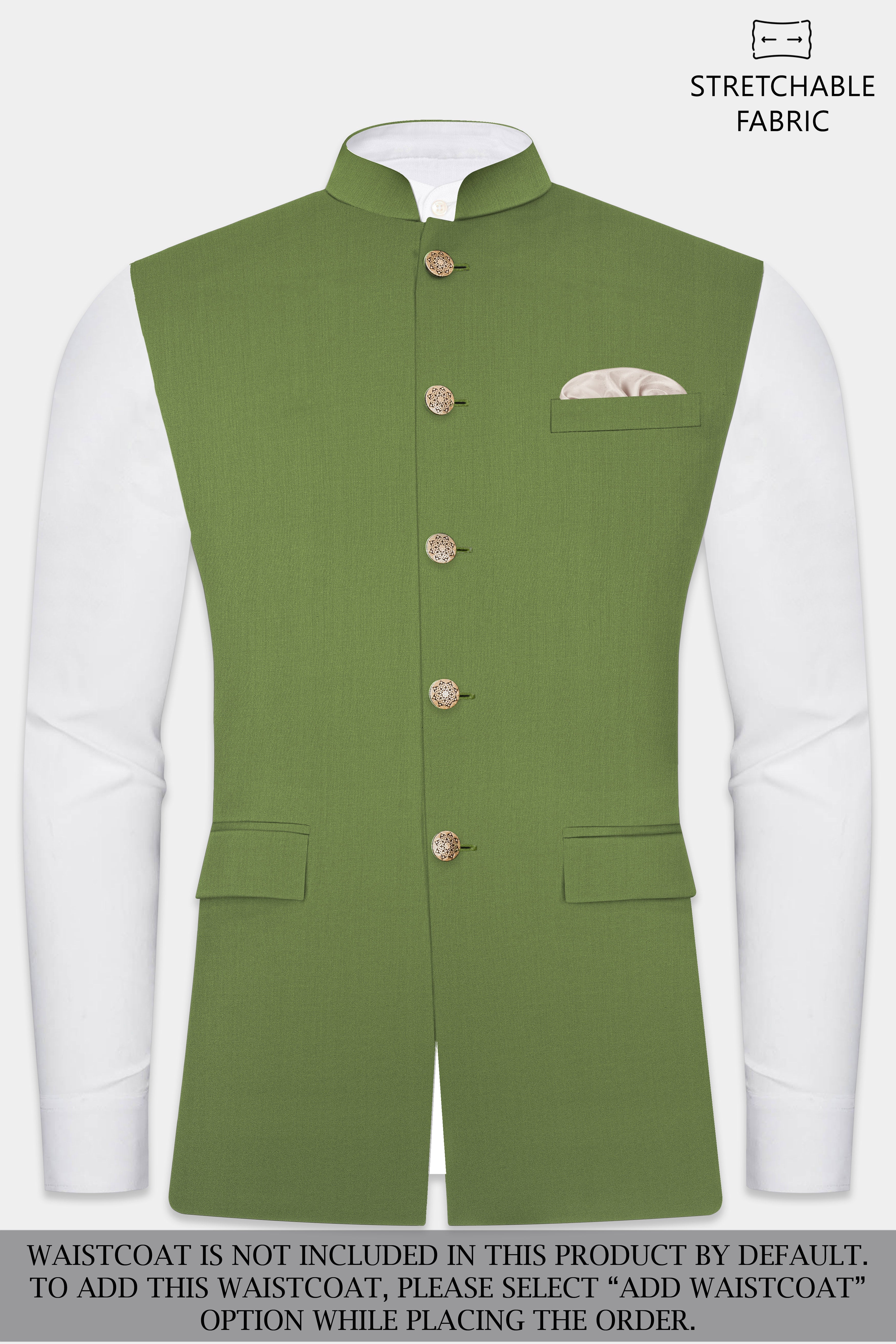 Sage Regal-Dingley Green Solid Wool Rich Cross Placket Bandhgala Stretchable traveler Suit