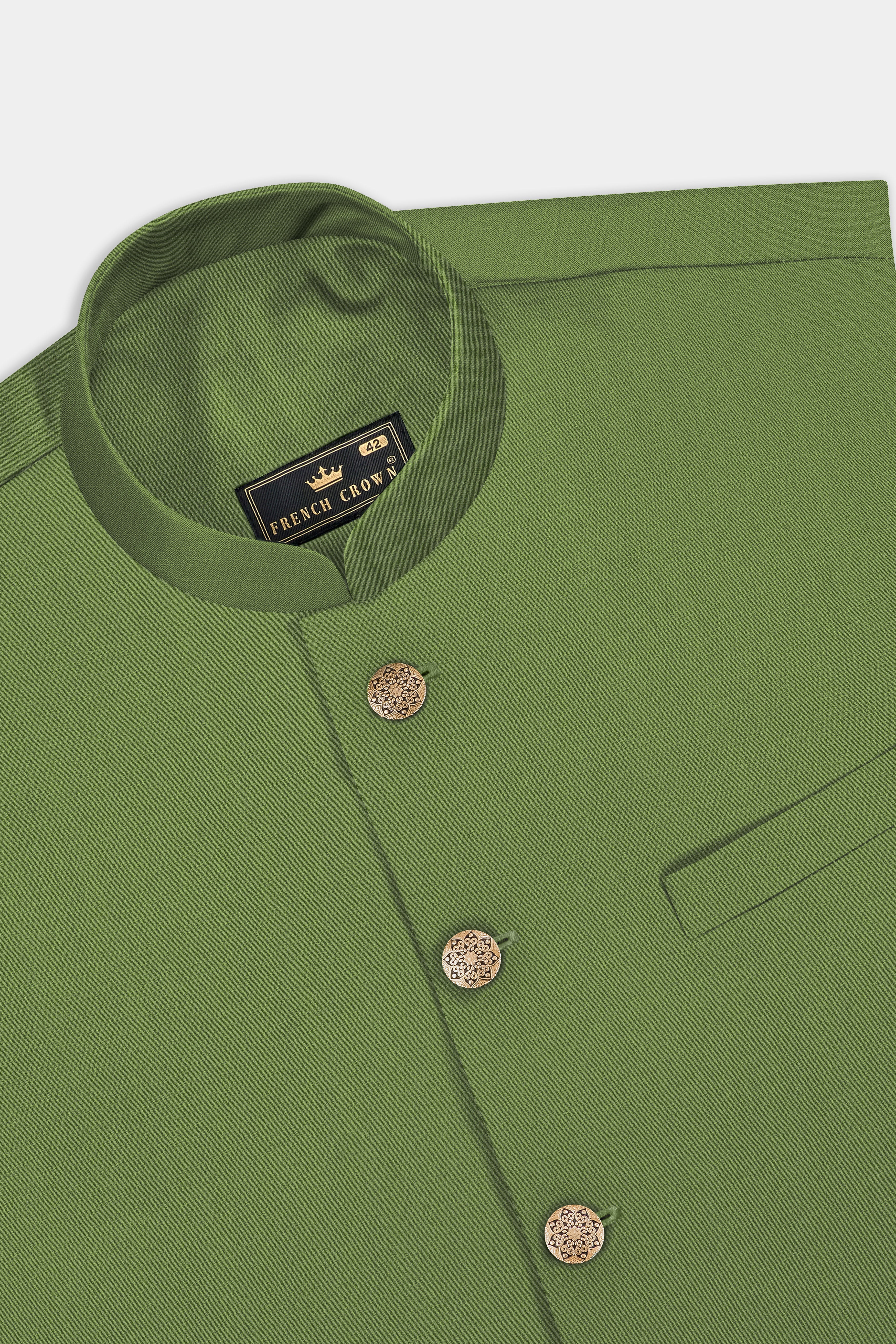 Sage Regal-Dingley Green Solid Wool Rich Cross Placket Bandhgala Stretchable traveler Suit