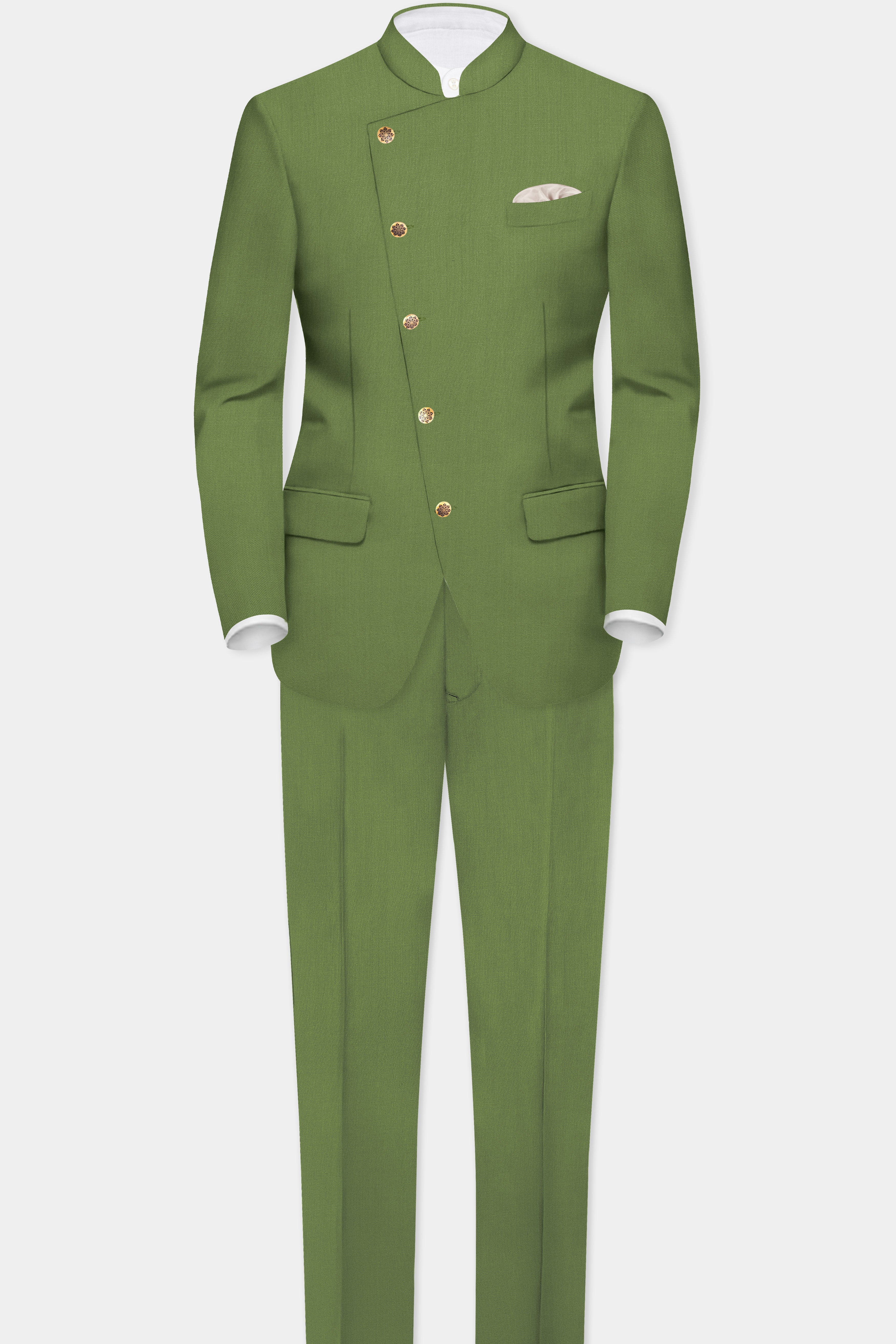 Sage Regal-Dingley Green Solid Wool Rich Cross Placket Bandhgala Stretchable traveler Suit