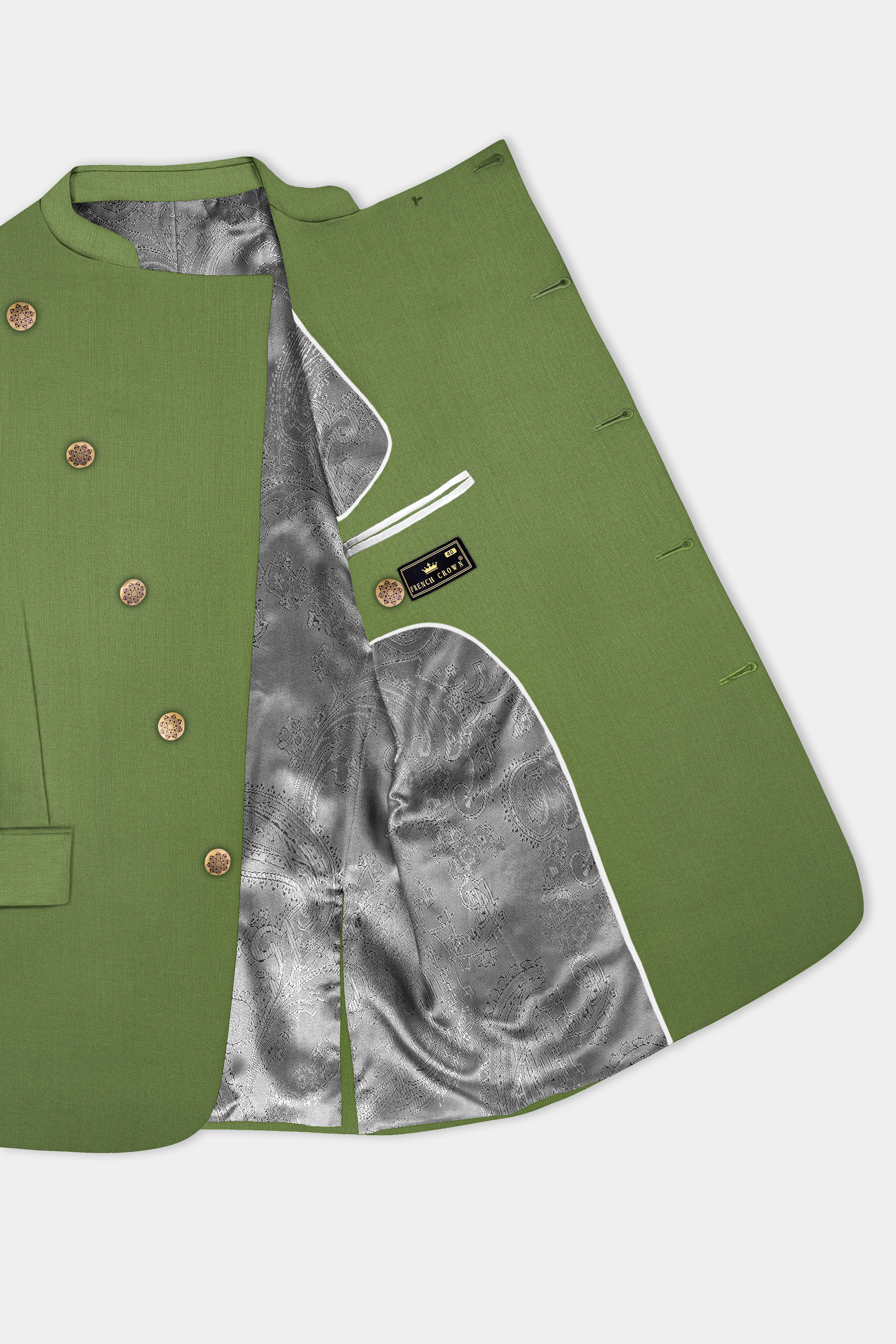 Sage Regal-Dingley Green Solid Wool Rich Cross Placket Bandhgala Stretchable traveler Suit