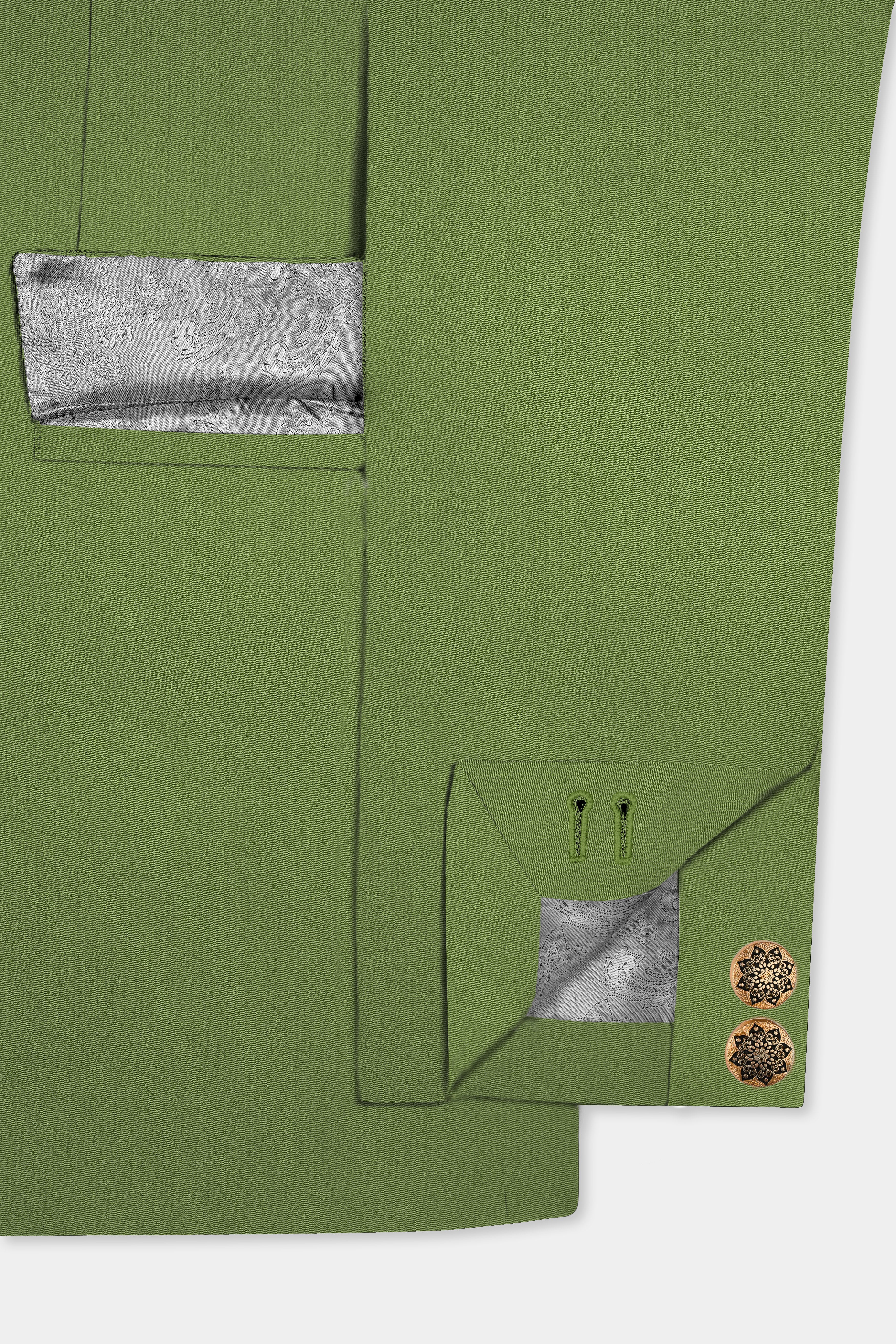Sage Regal-Dingley Green Solid Wool Rich Cross Placket Bandhgala Stretchable traveler Suit
