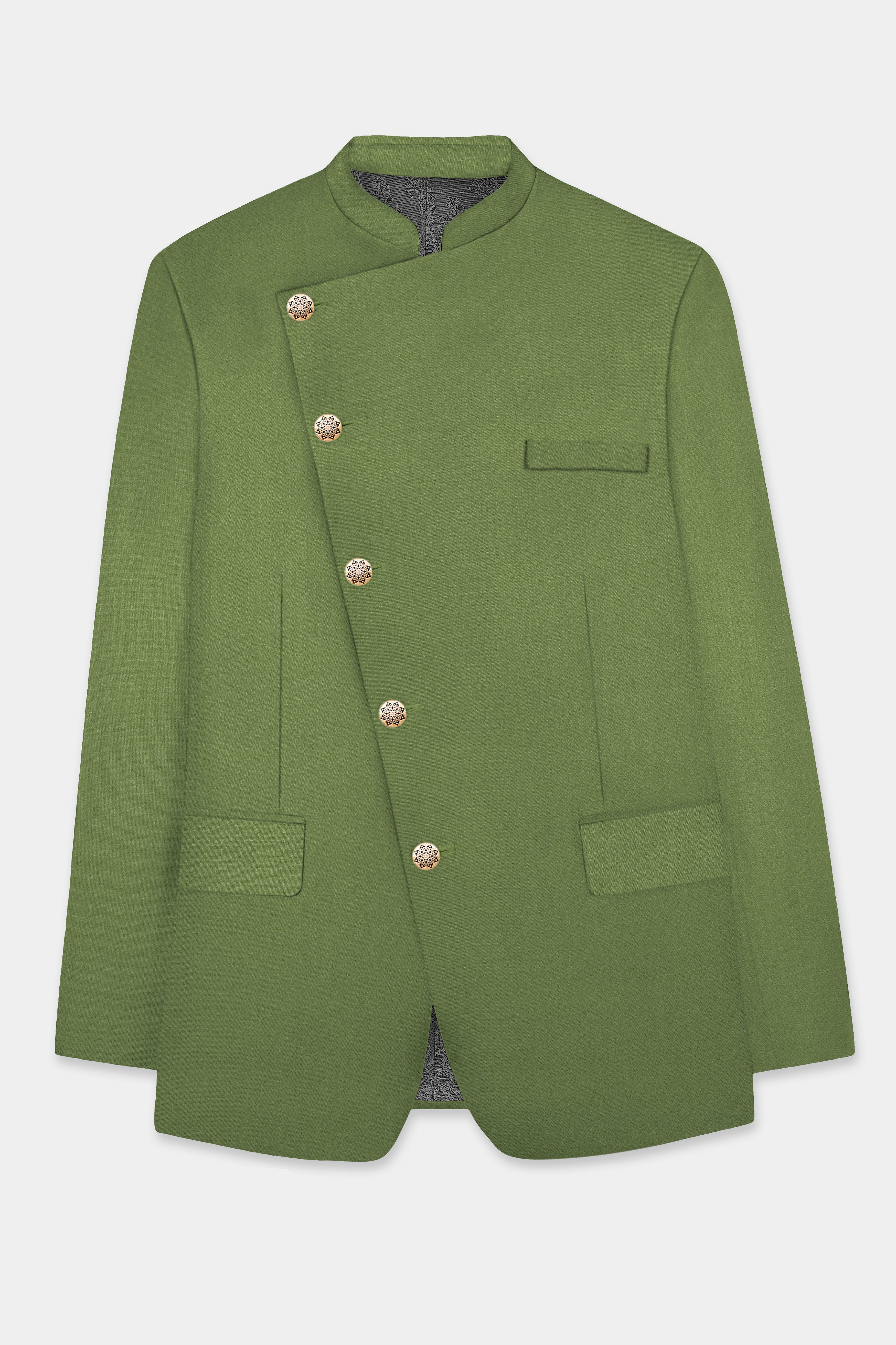 Sage Regal-Dingley Green Solid Wool Rich Cross Placket Bandhgala Stretchable traveler Suit