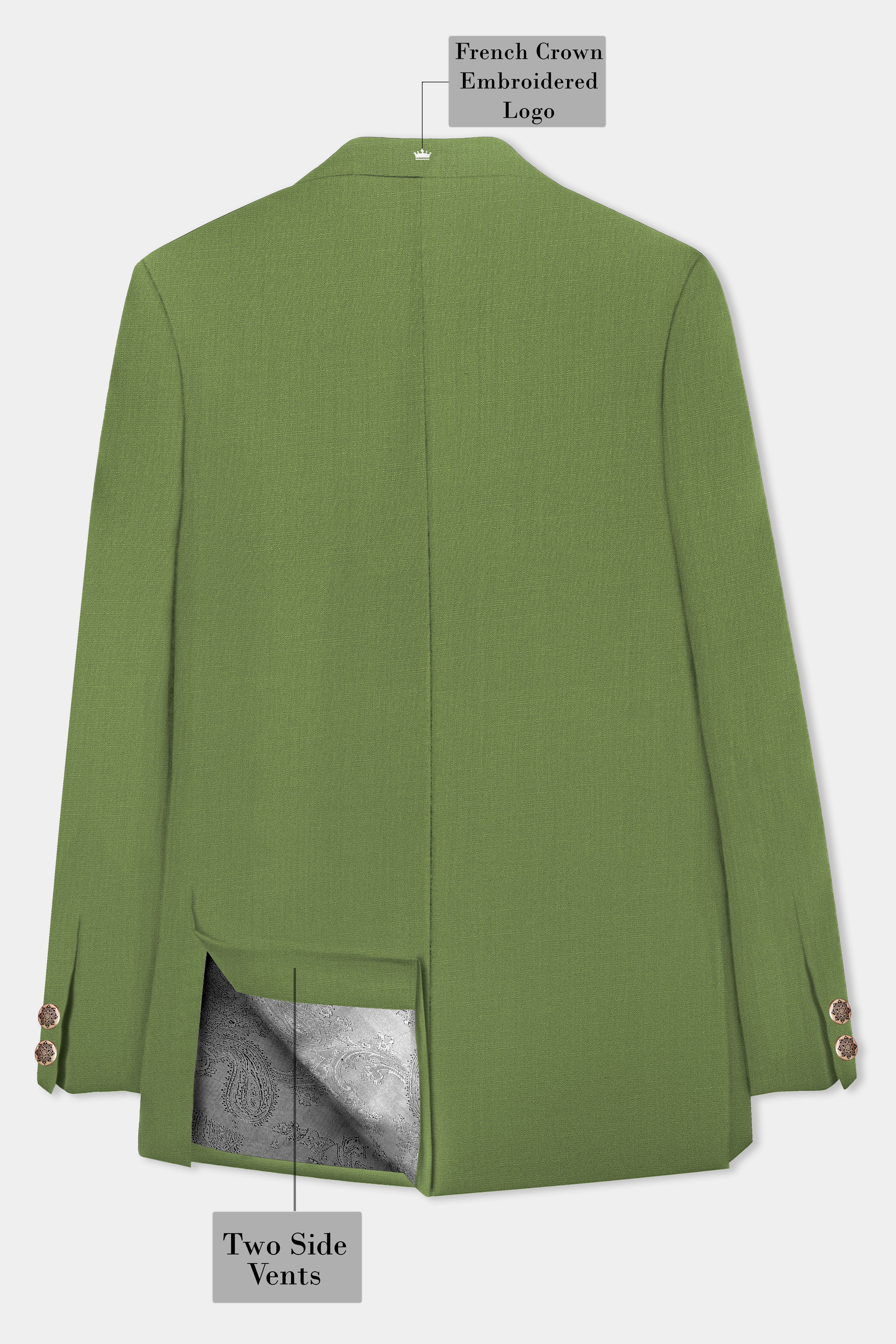 Sage Regal-Dingley Green Solid Wool Rich Cross Placket Bandhgala Stretchable traveler Suit