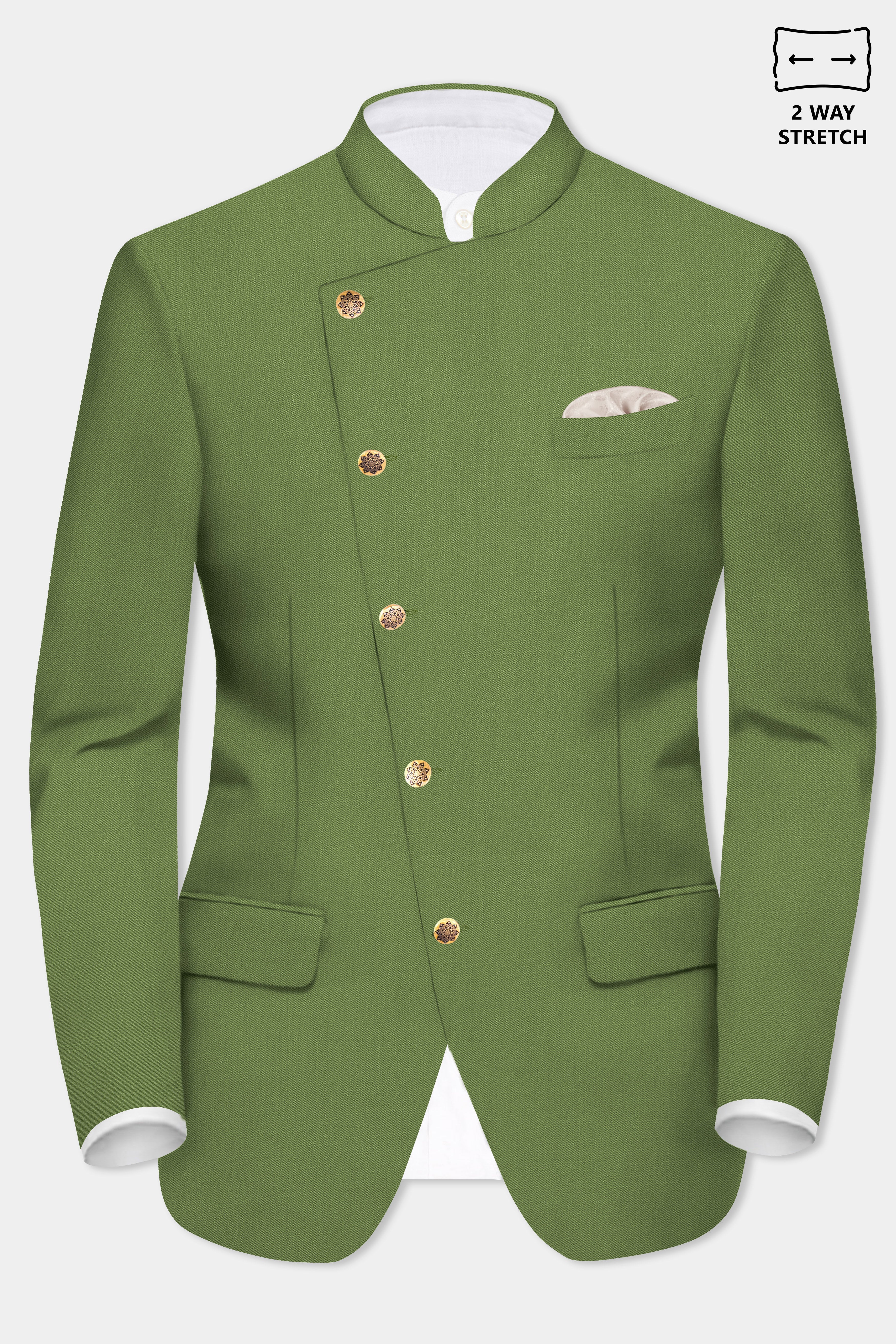 Sage Regal-Dingley Green Solid Wool Rich Cross Placket Bandhgala Stretchable traveler Suit
