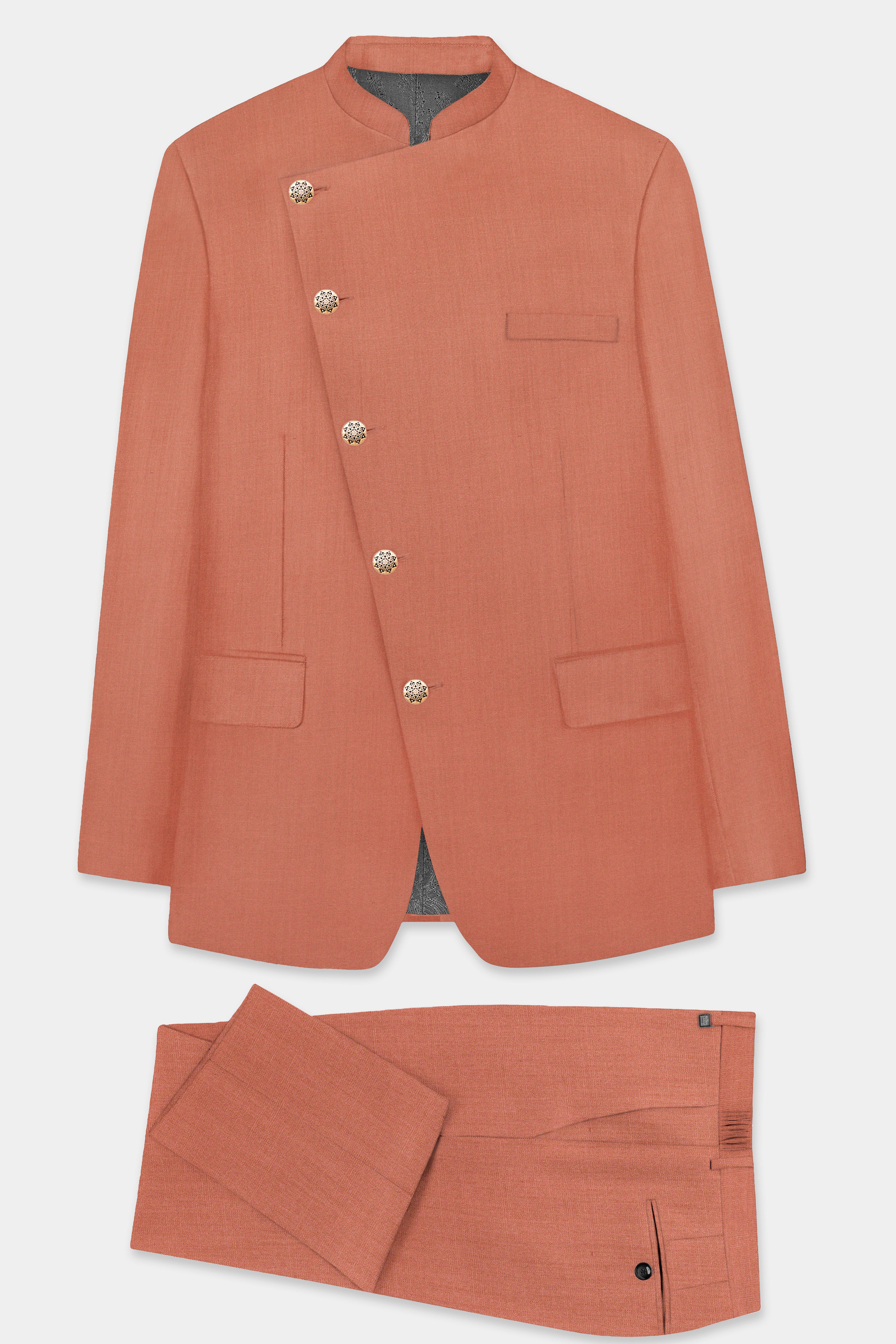 Spiced Sunset-Salmon Orange Solid Wool Rich Cross Placket Bandhgala Slight Stretch Suit