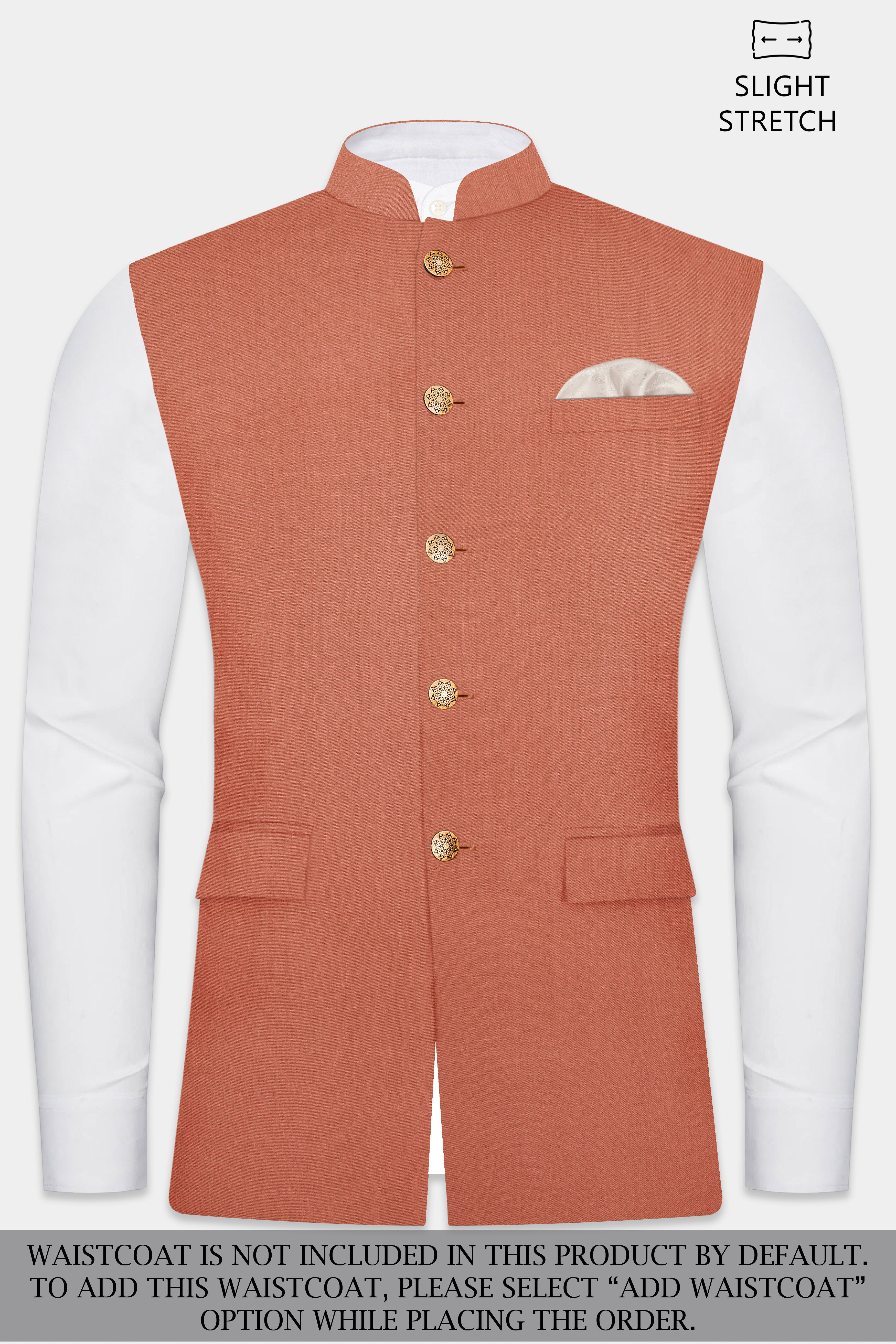 Spiced Sunset-Salmon Orange Solid Wool Rich Cross Placket Bandhgala Slight Stretch Suit