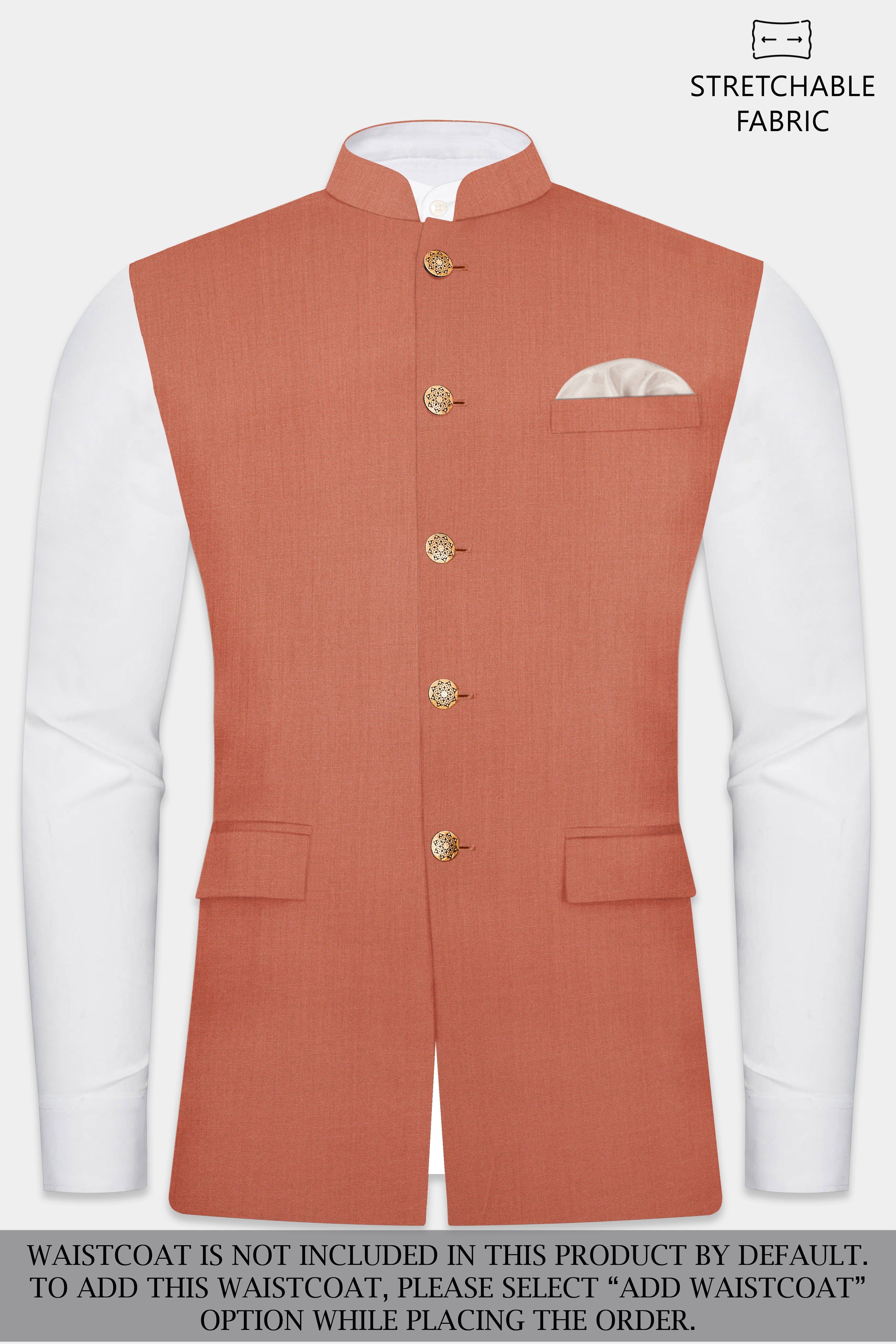 Spiced Sunset-Salmon Orange Solid Wool Rich Cross Placket Bandhgala Stretchable traveler Suit