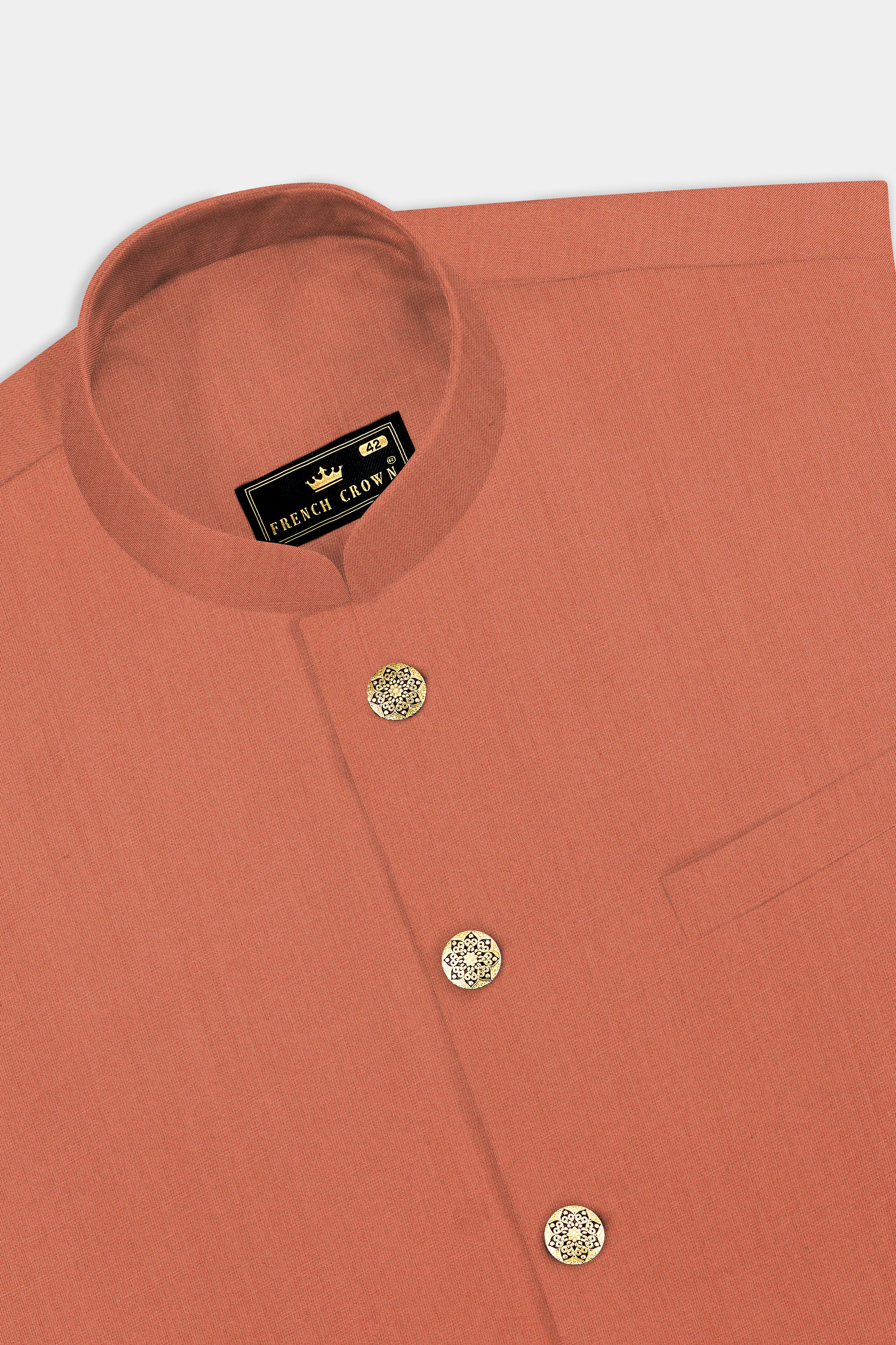 Spiced Sunset-Salmon Orange Solid Wool Rich Cross Placket Bandhgala Slight Stretch Suit