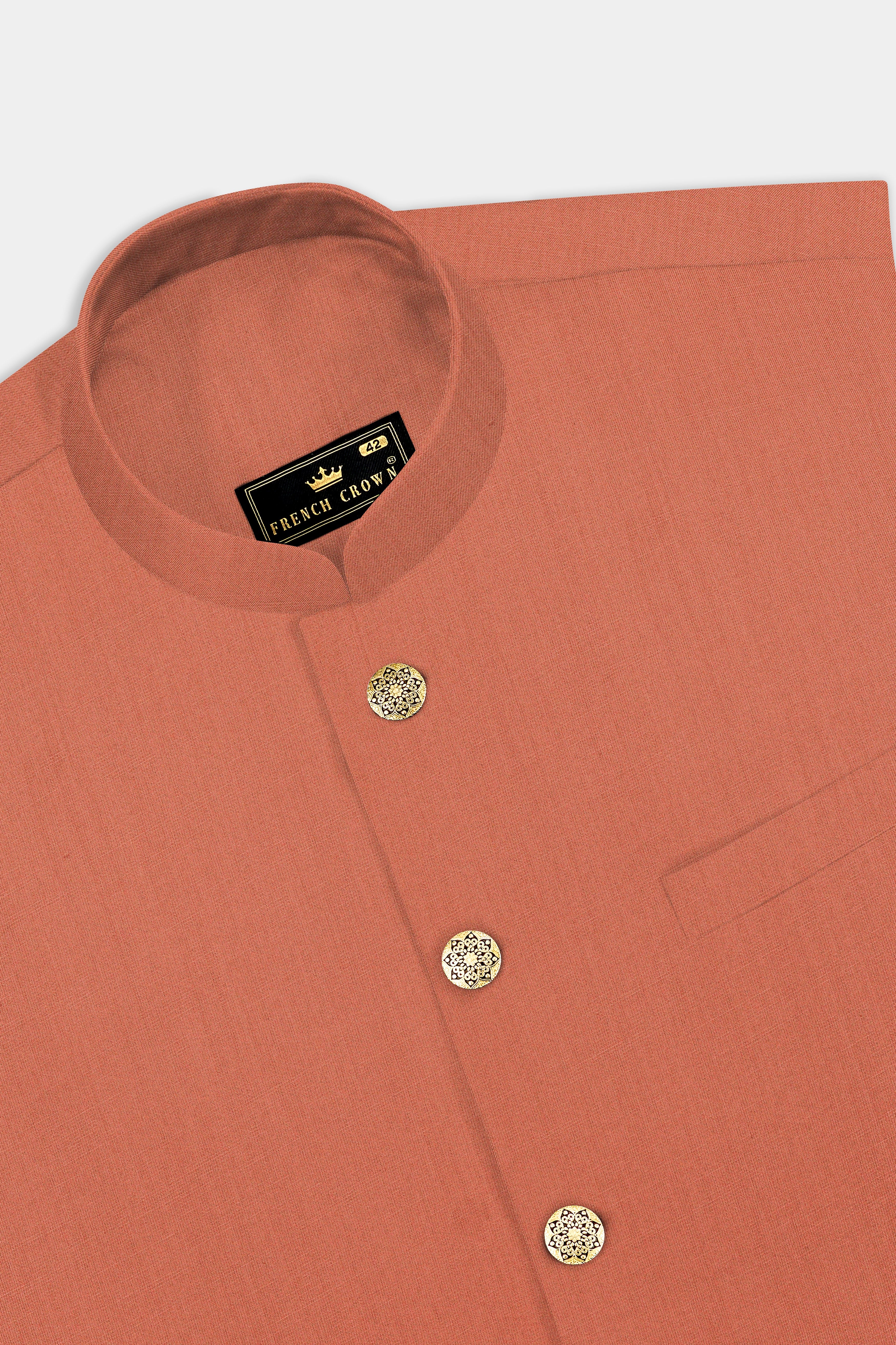 Spiced Sunset-Salmon Orange Solid Wool Rich Cross Placket Bandhgala Stretchable traveler Suit