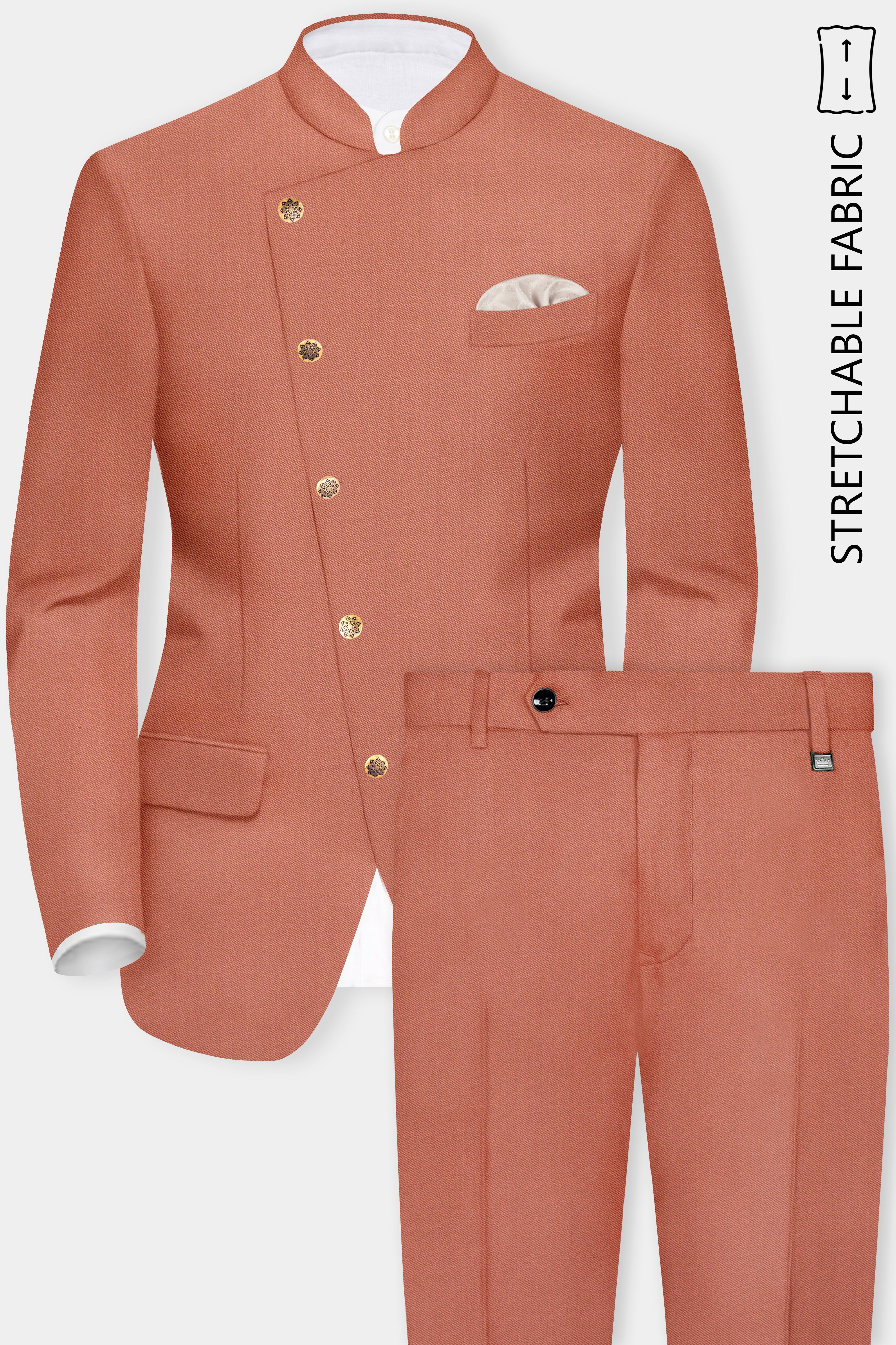 Spiced Sunset-Salmon Orange Solid Wool Rich Cross Placket Bandhgala Stretchable traveler Suit