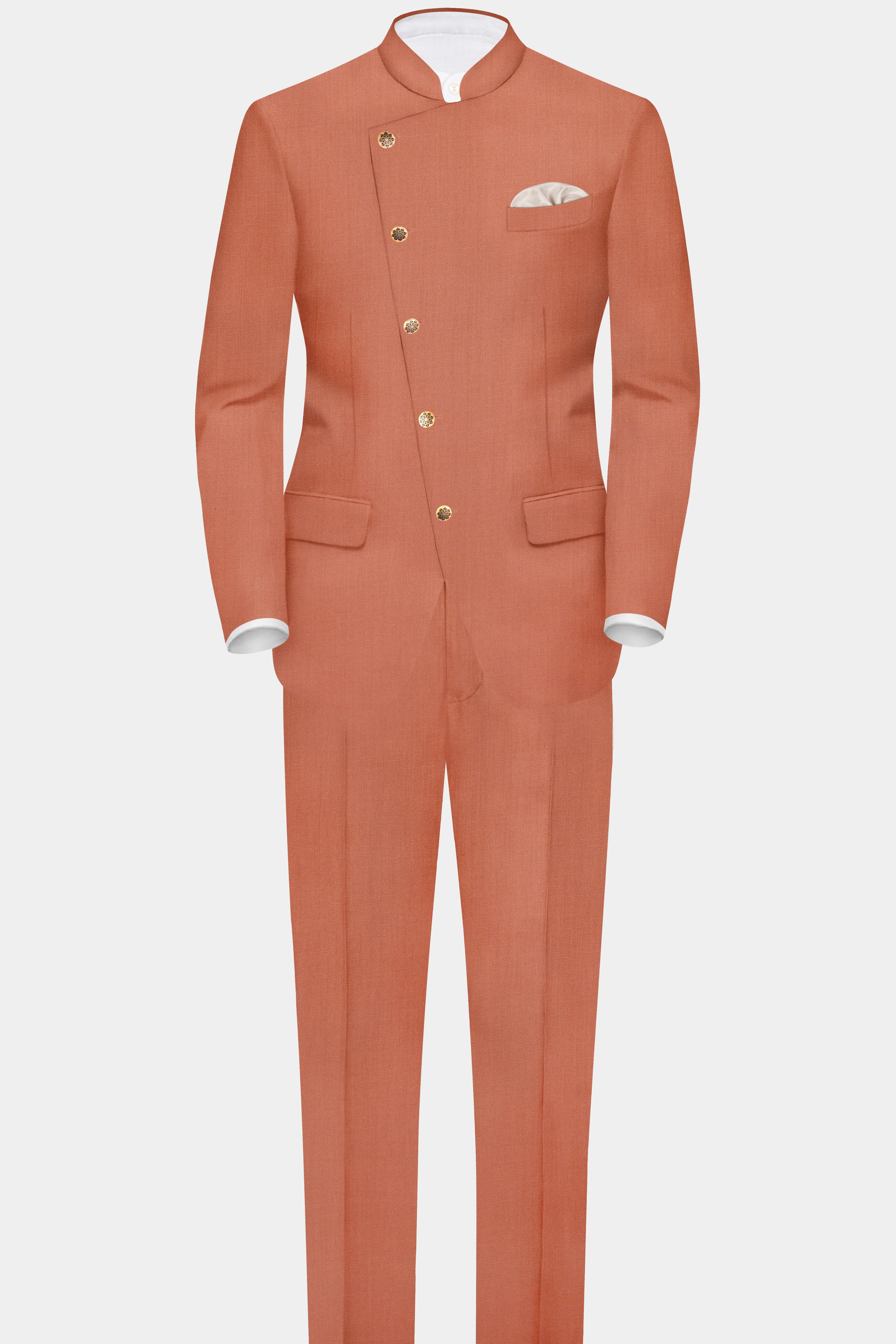 Spiced Sunset-Salmon Orange Solid Wool Rich Cross Placket Bandhgala Slight Stretch Suit