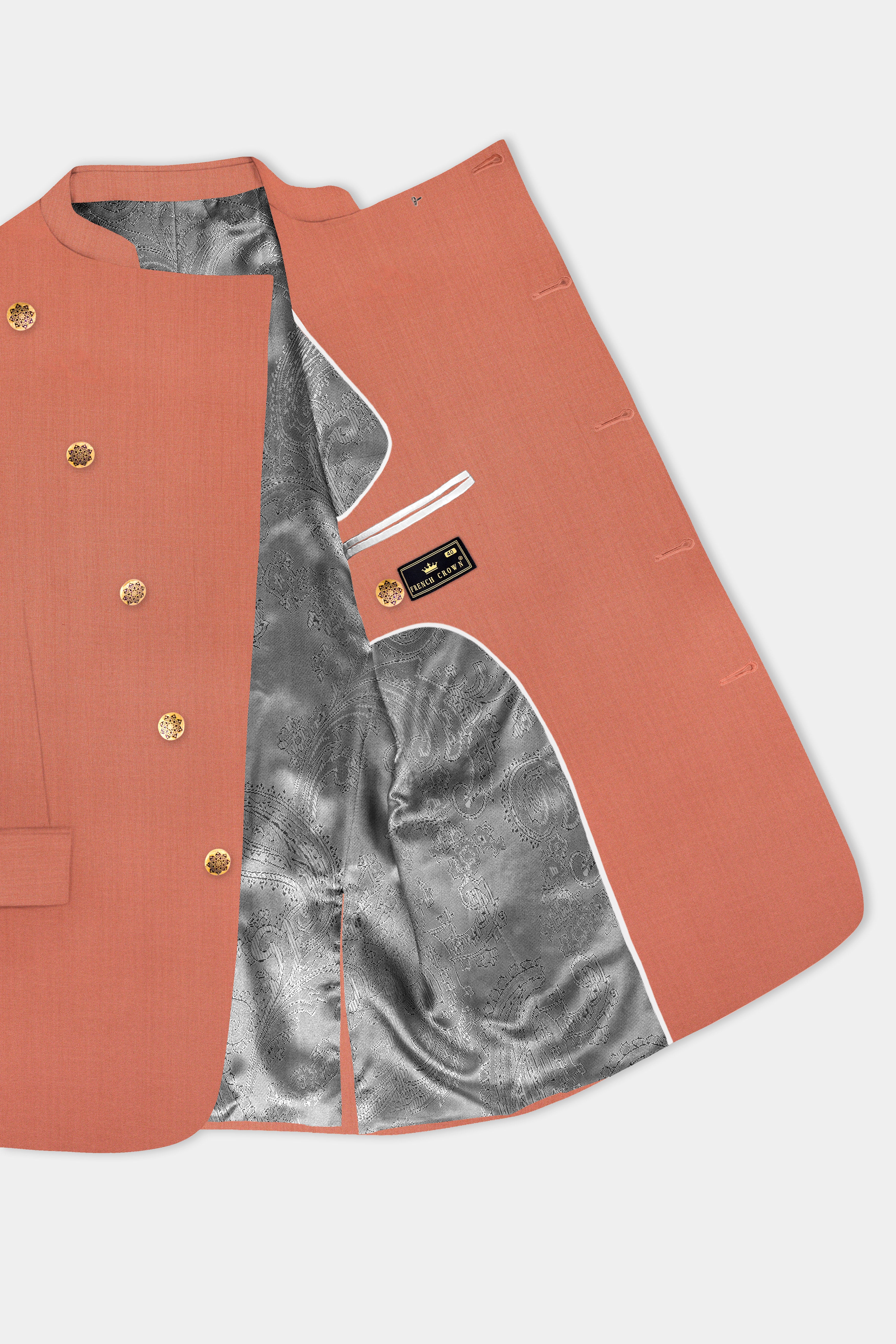 Spiced Sunset-Salmon Orange Solid Wool Rich Cross Placket Bandhgala Slight Stretch Suit