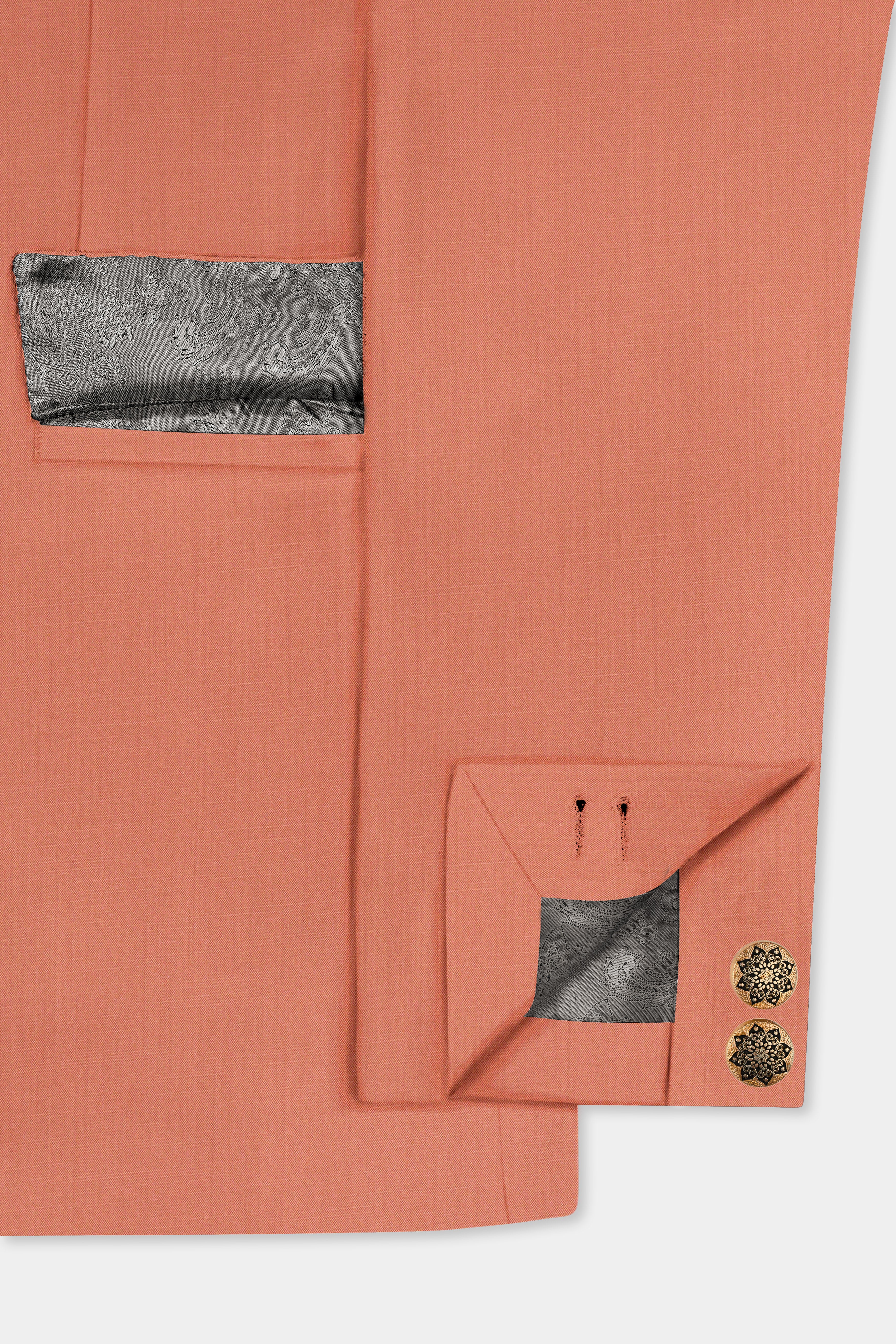 Spiced Sunset-Salmon Orange Solid Wool Rich Cross Placket Bandhgala Slight Stretch Suit