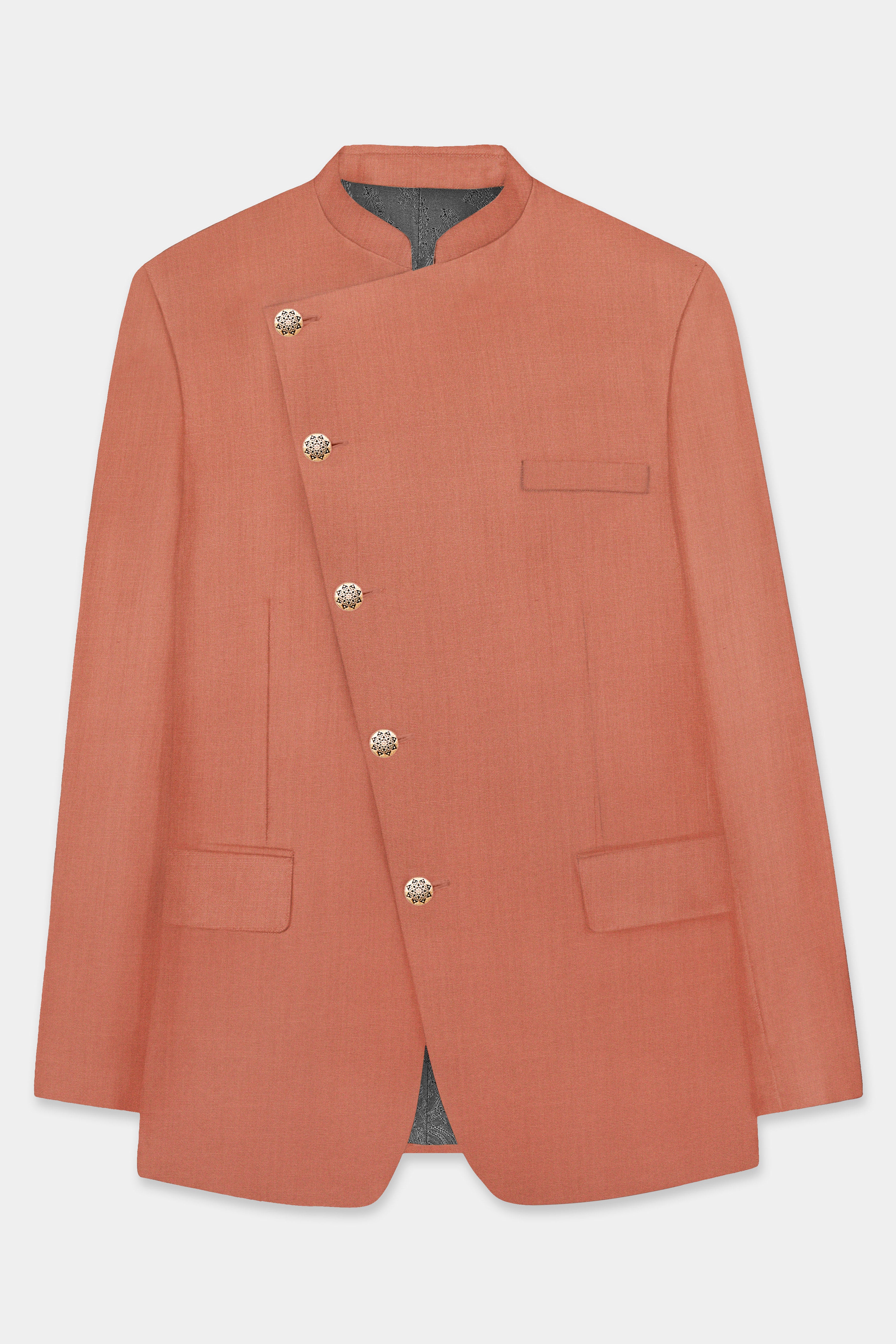 Spiced Sunset-Salmon Orange Solid Wool Rich Cross Placket Bandhgala Slight Stretch Suit