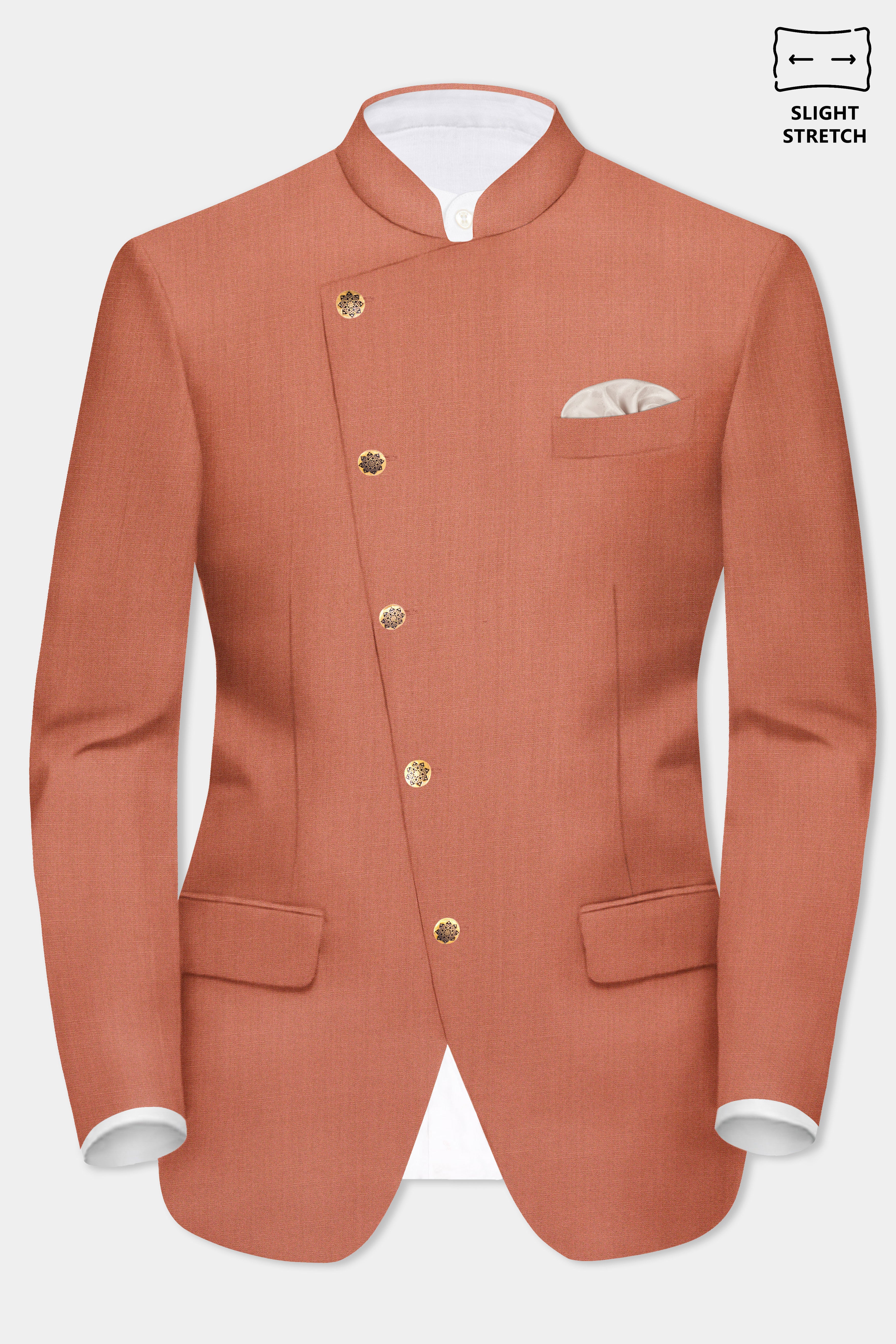 Spiced Sunset-Salmon Orange Solid Wool Rich Cross Placket Bandhgala Slight Stretch Suit