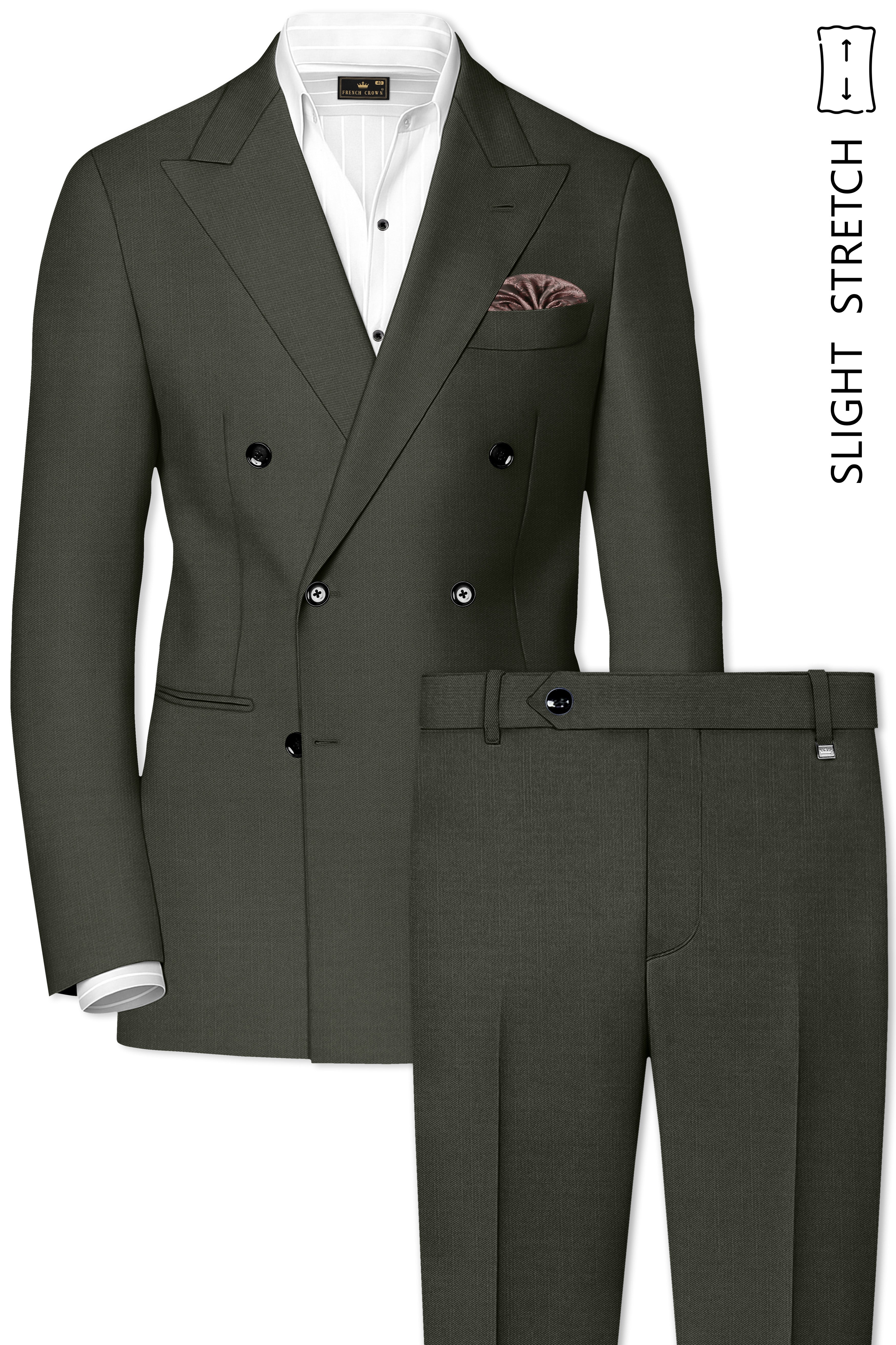 Verdant Majesty-Juniper Green Solid Wool Rich Double Breasted Slight Stretch Suit