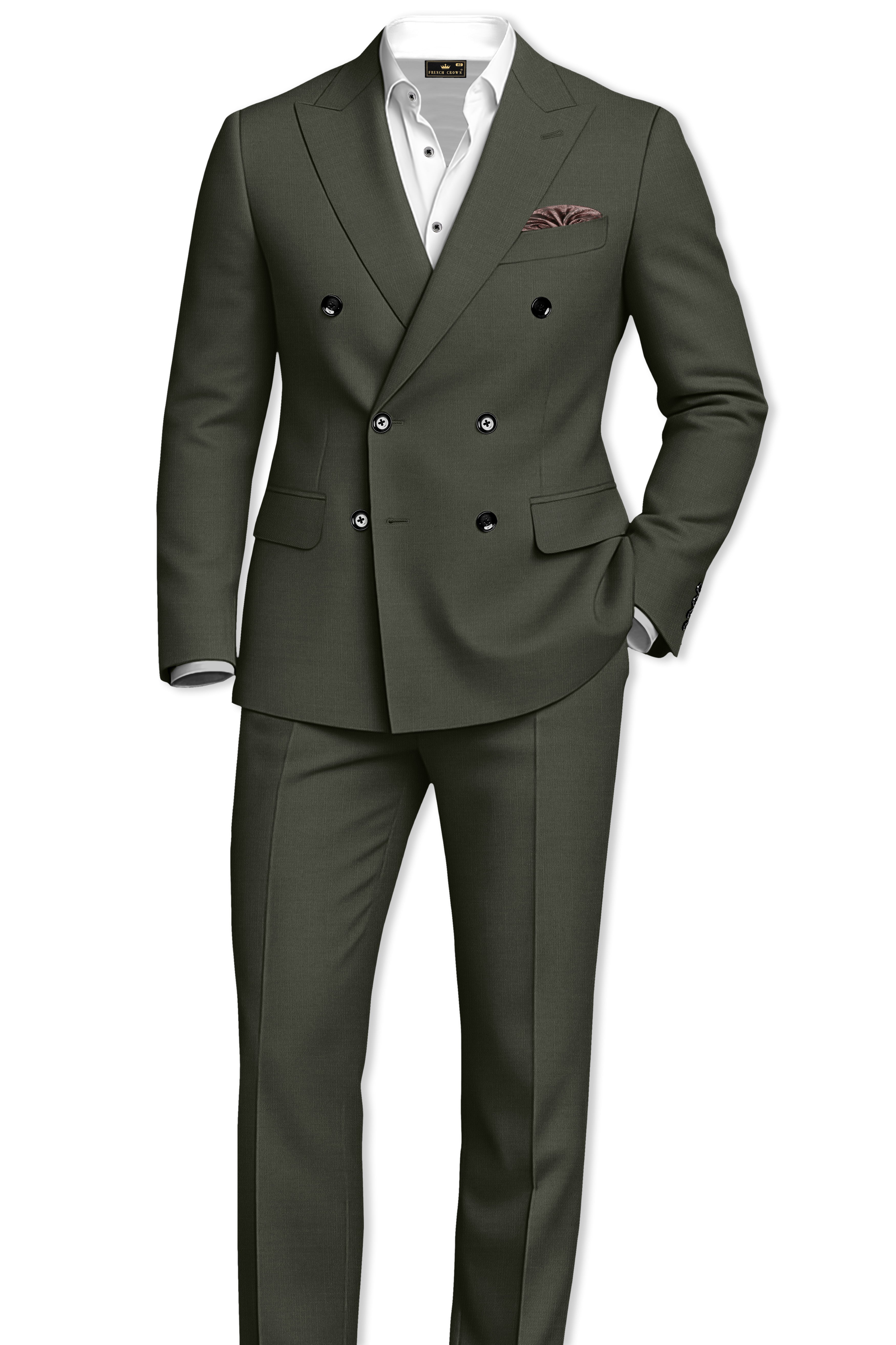 Verdant Majesty-Juniper Green Solid Wool Rich Double Breasted Slight Stretch Suit