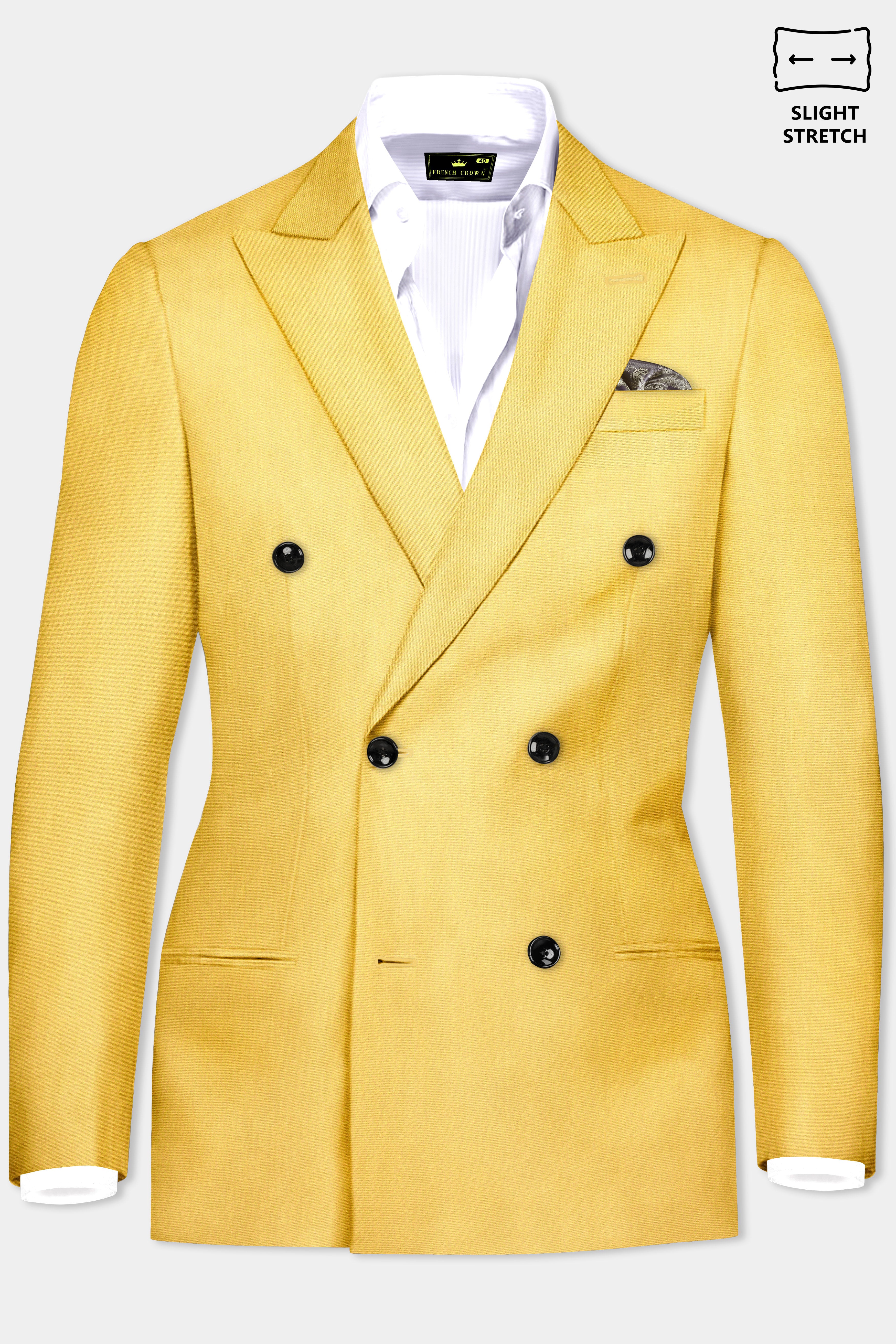 Saffron Elegance-Lemon Yellow Solid Wool Rich Double Breasted Slight Stretch Suit