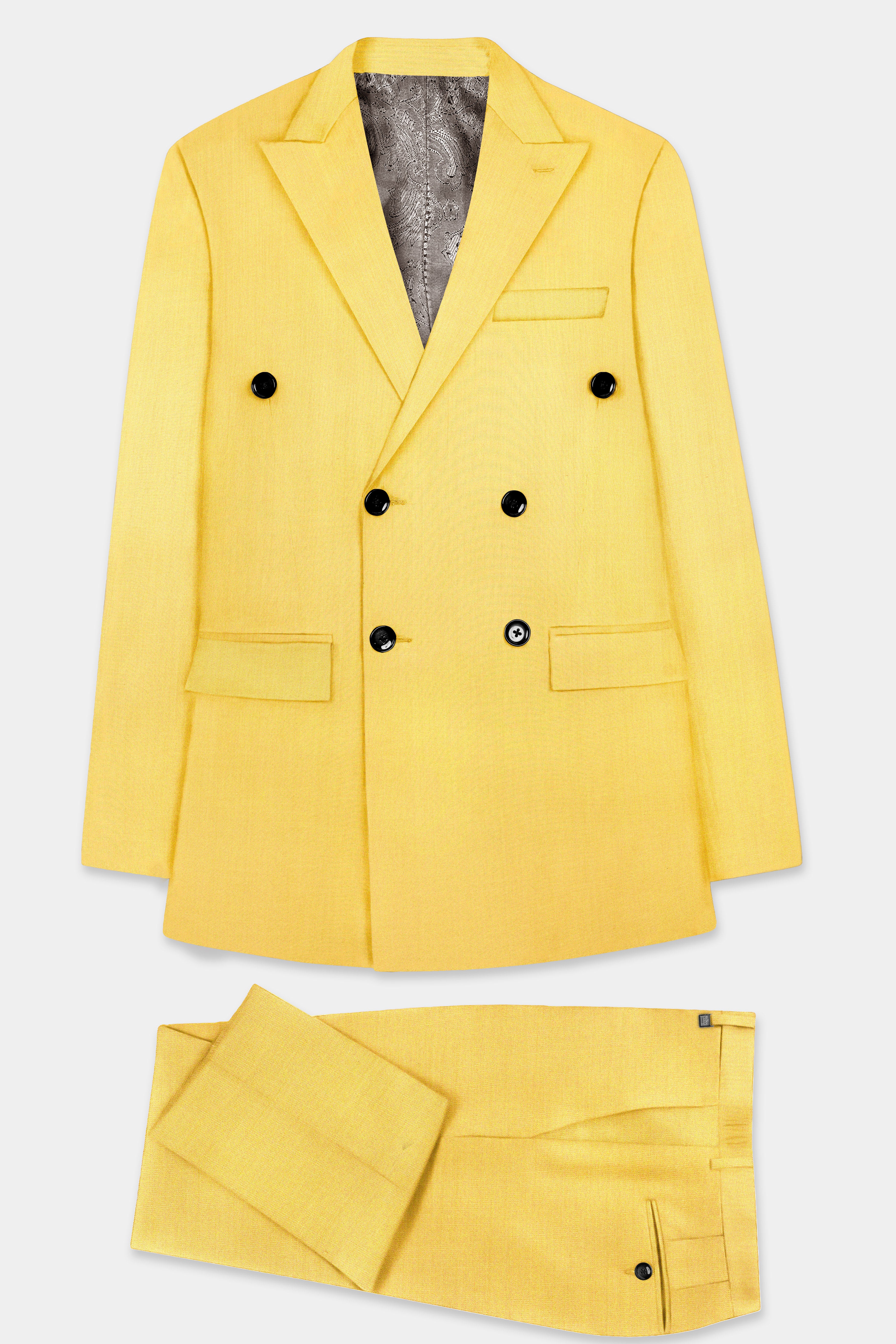 Saffron Elegance-Lemon Yellow Solid Wool Rich Double Breasted Slight Stretch Suit