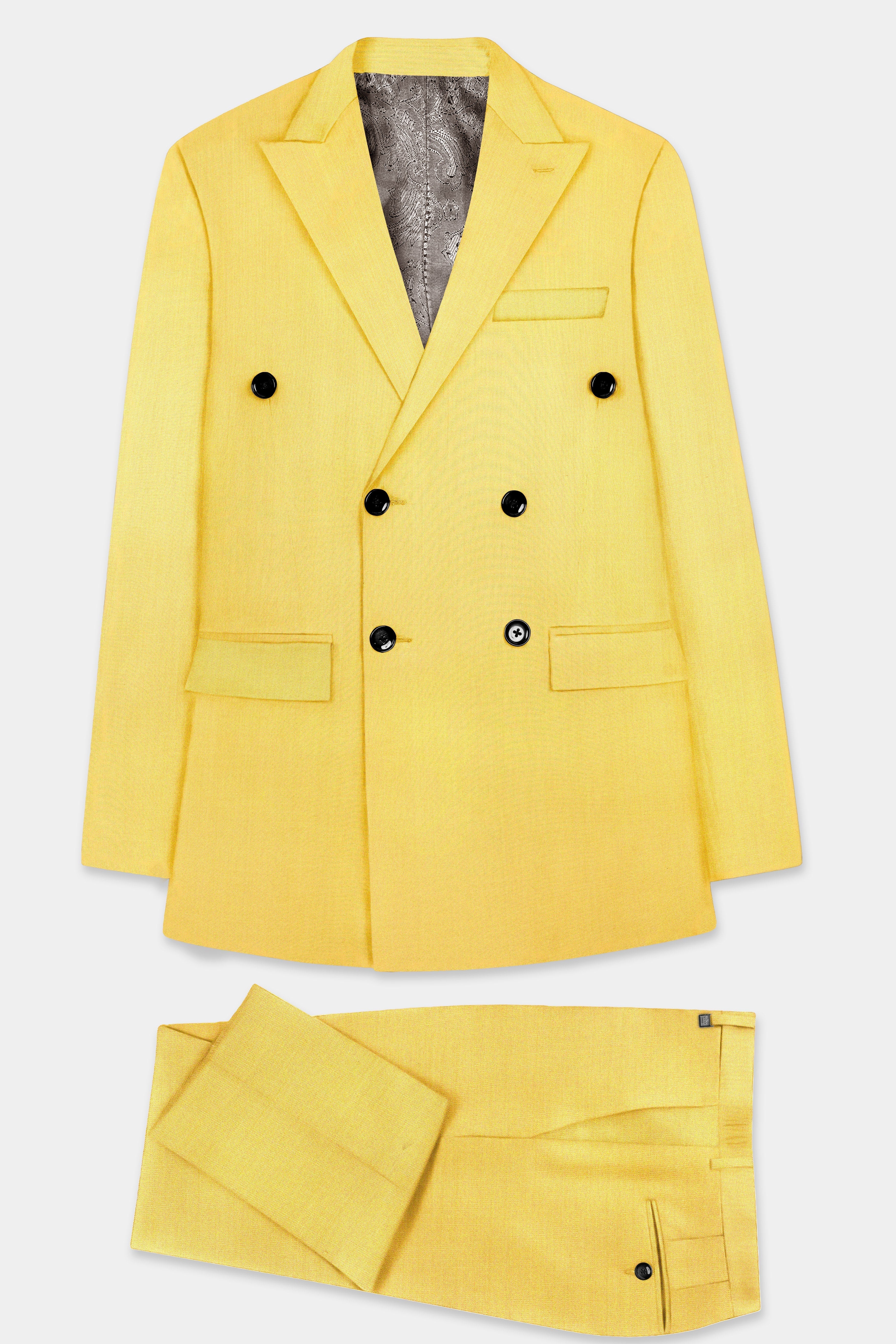 Saffron Elegance-Lemon Yellow Solid Wool Rich Double Breasted Stretchable traveler Suit