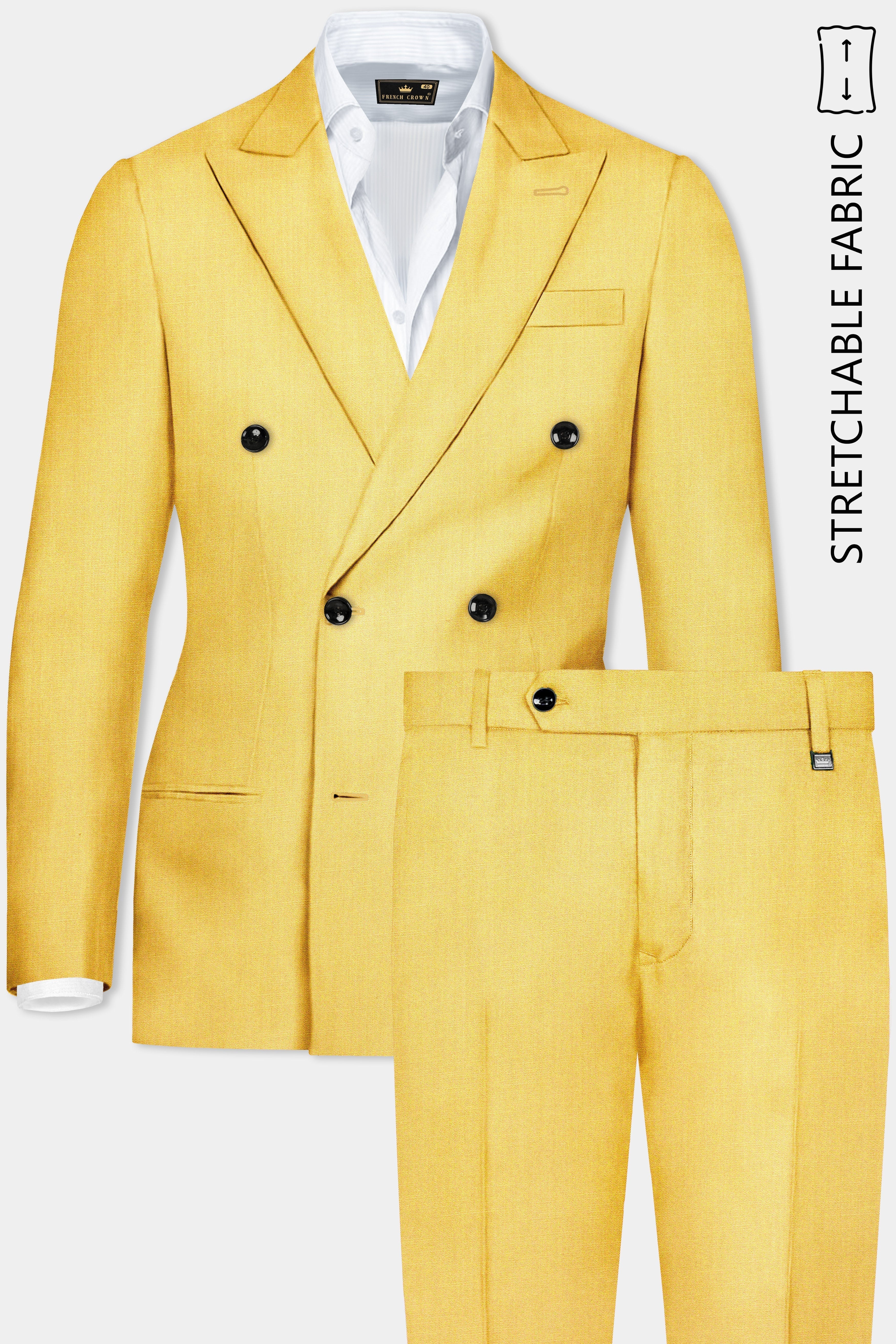 Saffron Elegance-Lemon Yellow Solid Wool Rich Double Breasted Stretchable traveler Suit