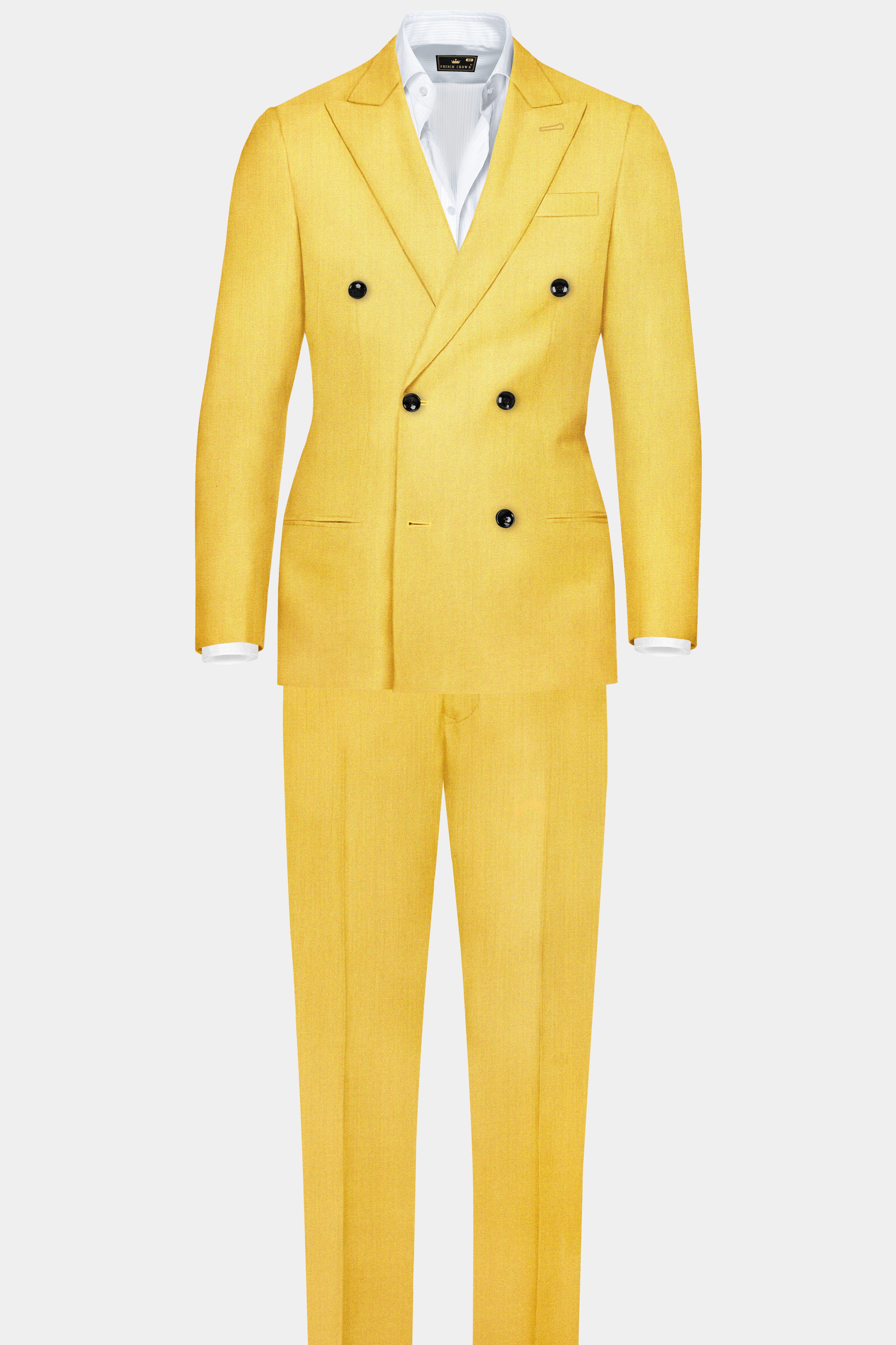 Saffron Elegance-Lemon Yellow Solid Wool Rich Double Breasted Slight Stretch Suit