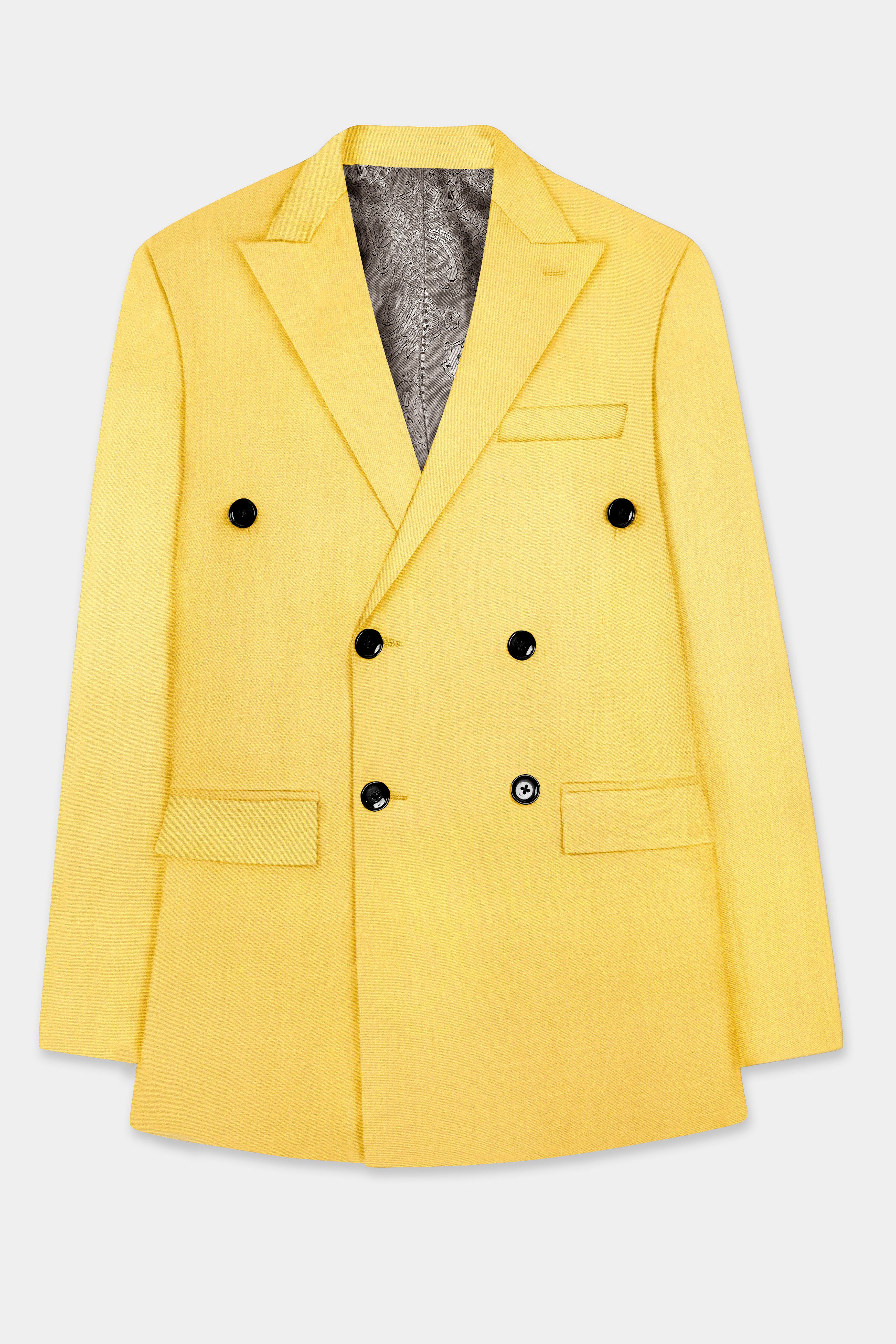 Saffron Elegance-Lemon Yellow Solid Wool Rich Double Breasted Slight Stretch Suit