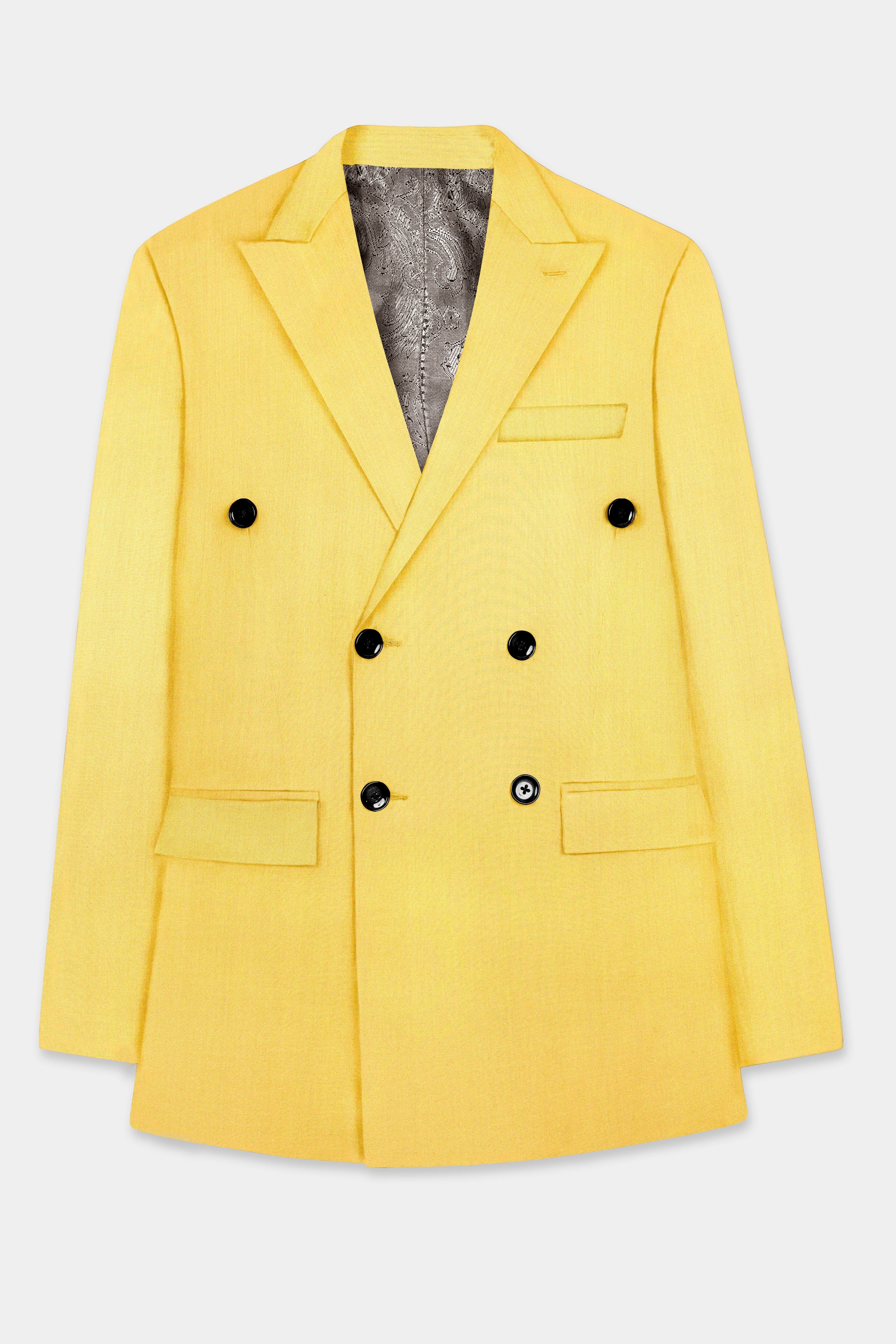 Saffron Elegance-Lemon Yellow Solid Wool Rich Double Breasted Stretchable traveler Suit