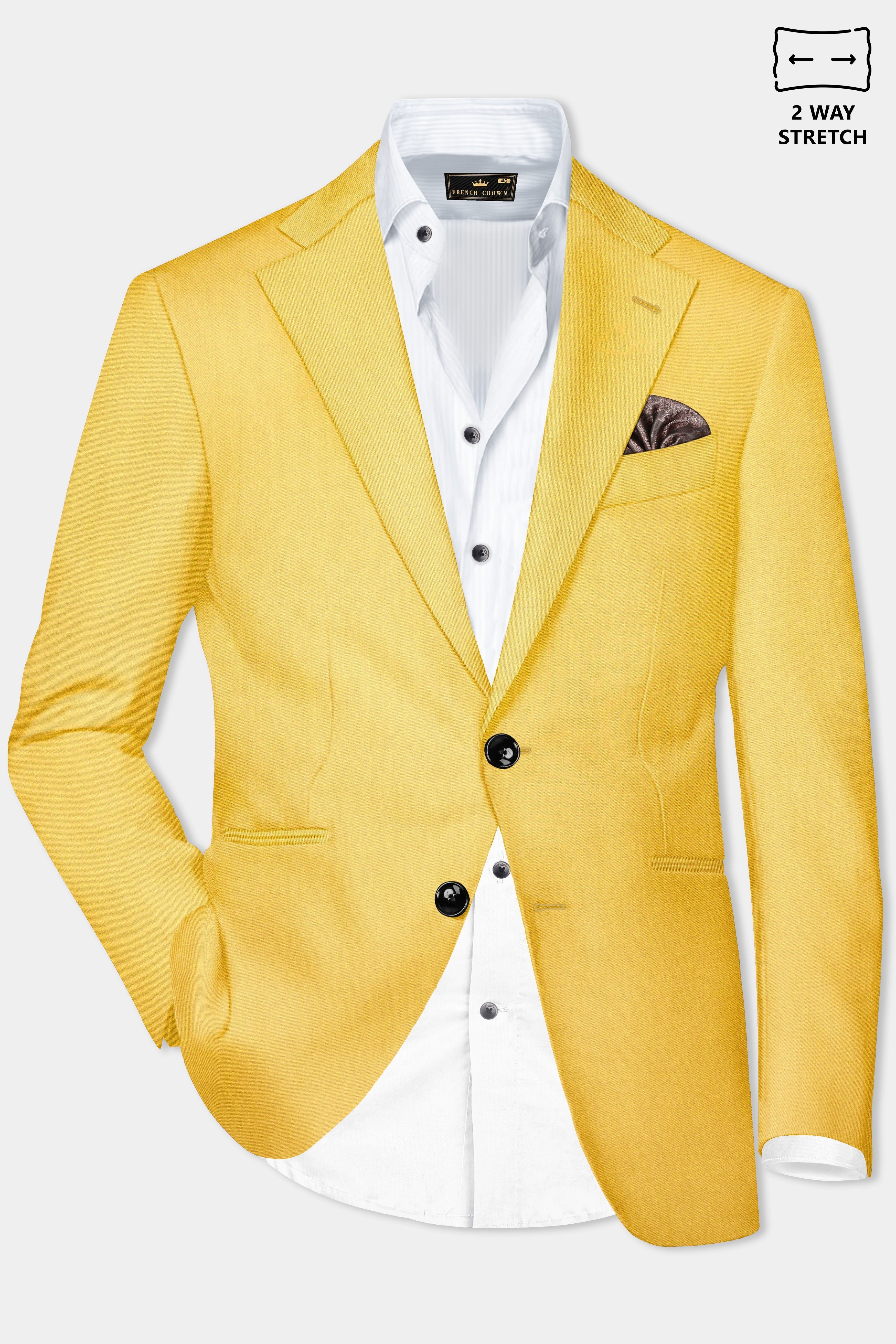 Saffron Elegance-Lemon Yellow Solid Wool Rich Single Breasted Stretchable traveler Suit