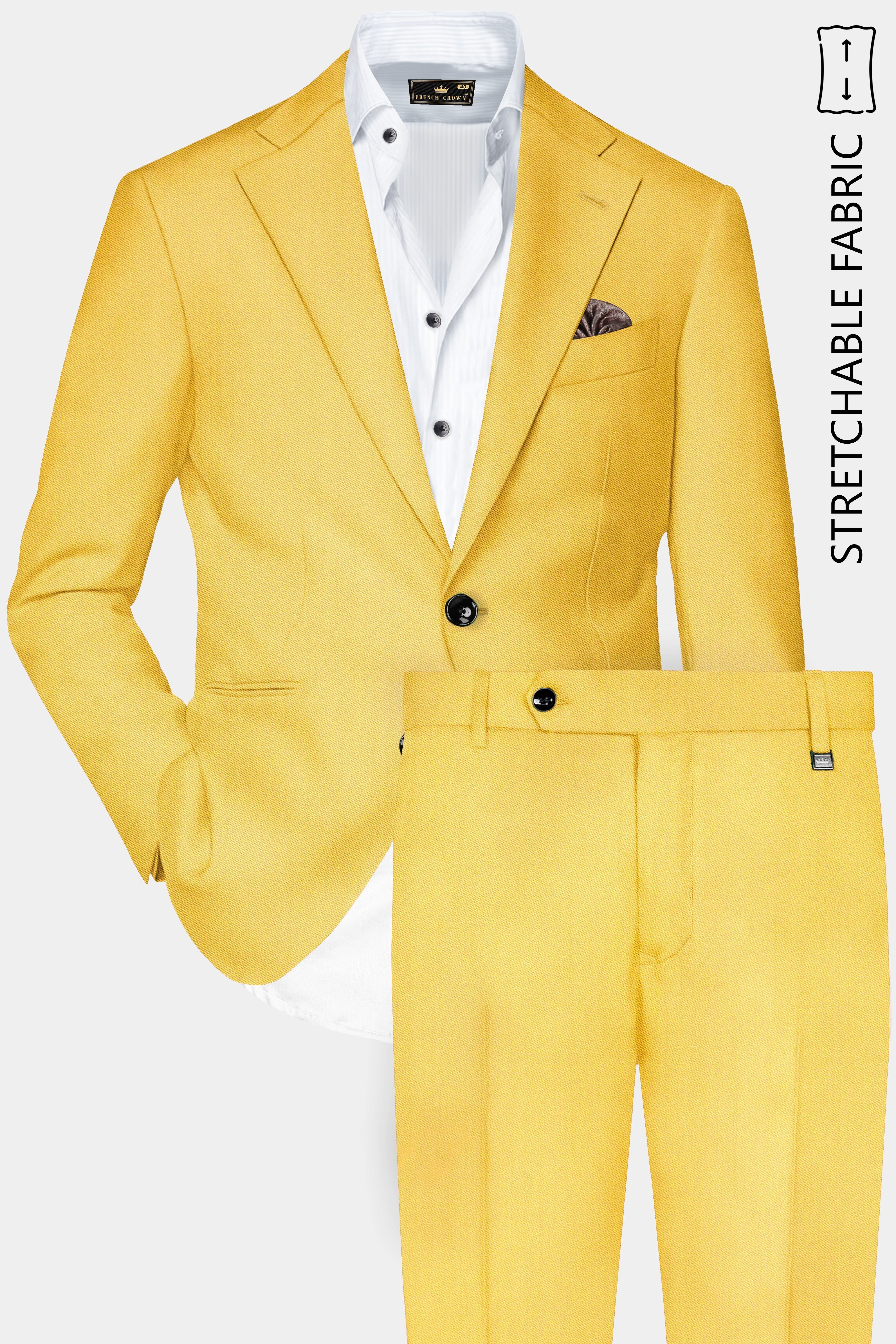 Saffron Elegance-Lemon Yellow Solid Wool Rich Single Breasted Stretchable traveler Suit