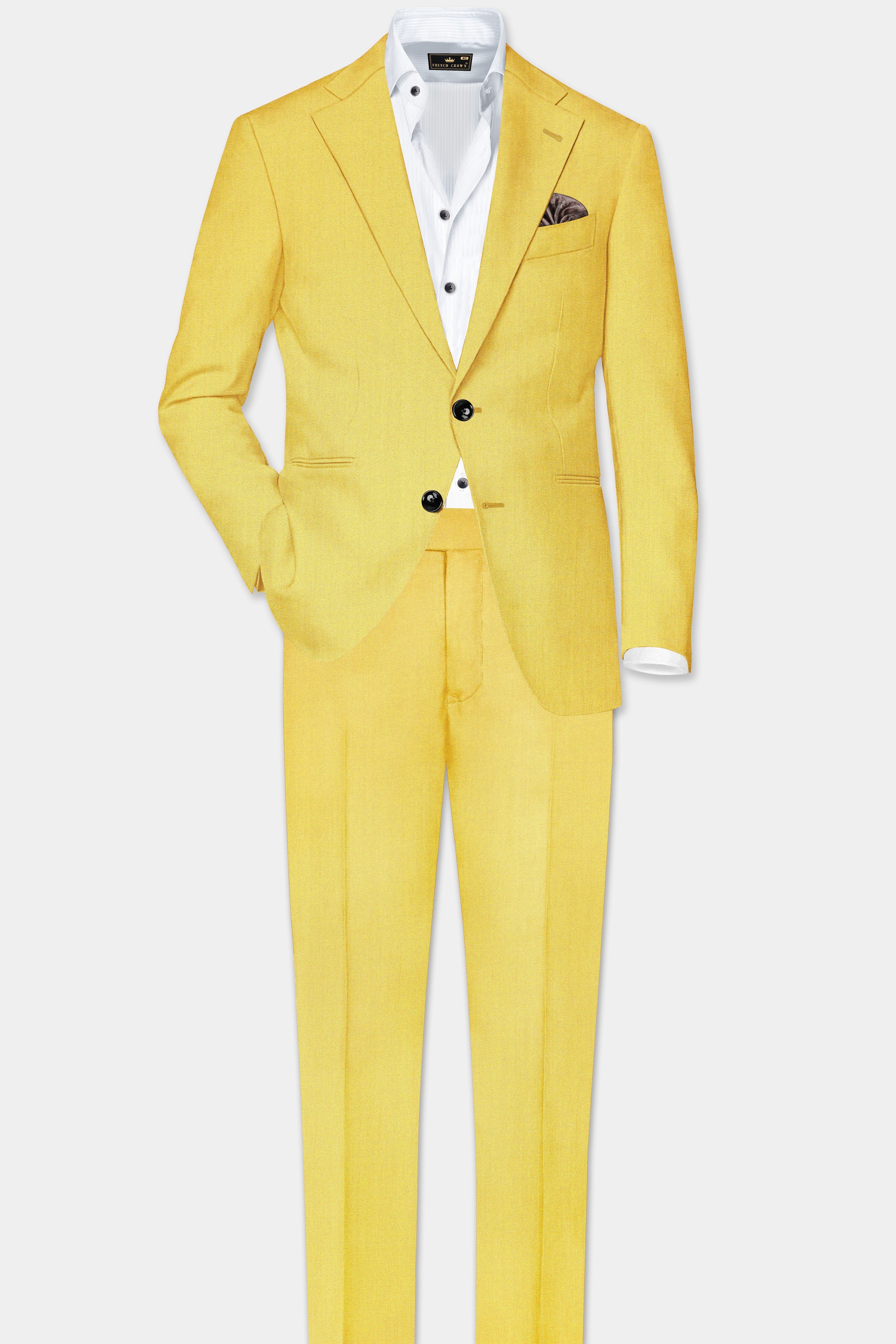 Saffron Elegance-Lemon Yellow Solid Wool Rich Single Breasted Stretchable traveler Suit