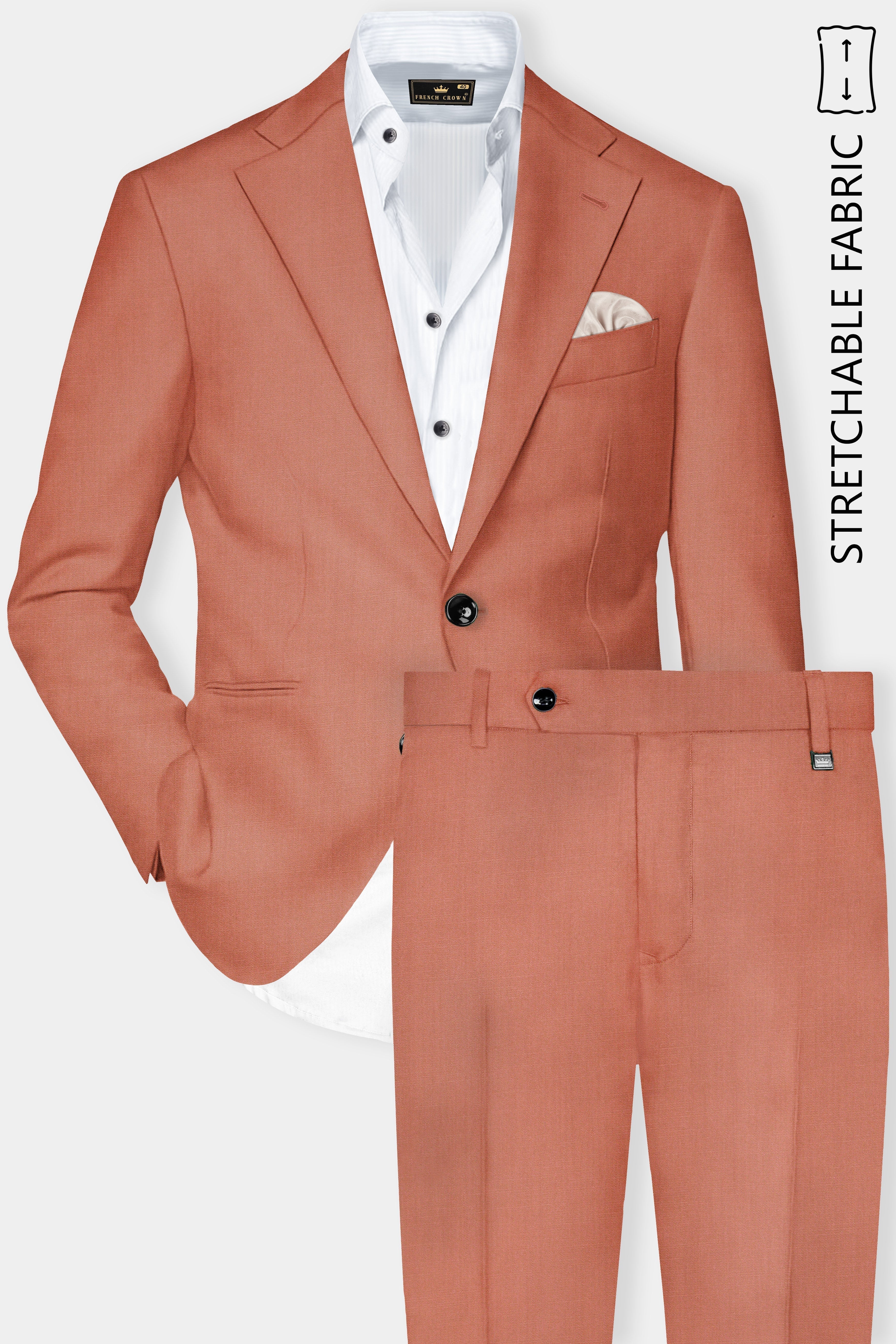 Spiced Sunset-Salmon Orange Solid Wool Rich Single Breasted Stretchable traveler Suit