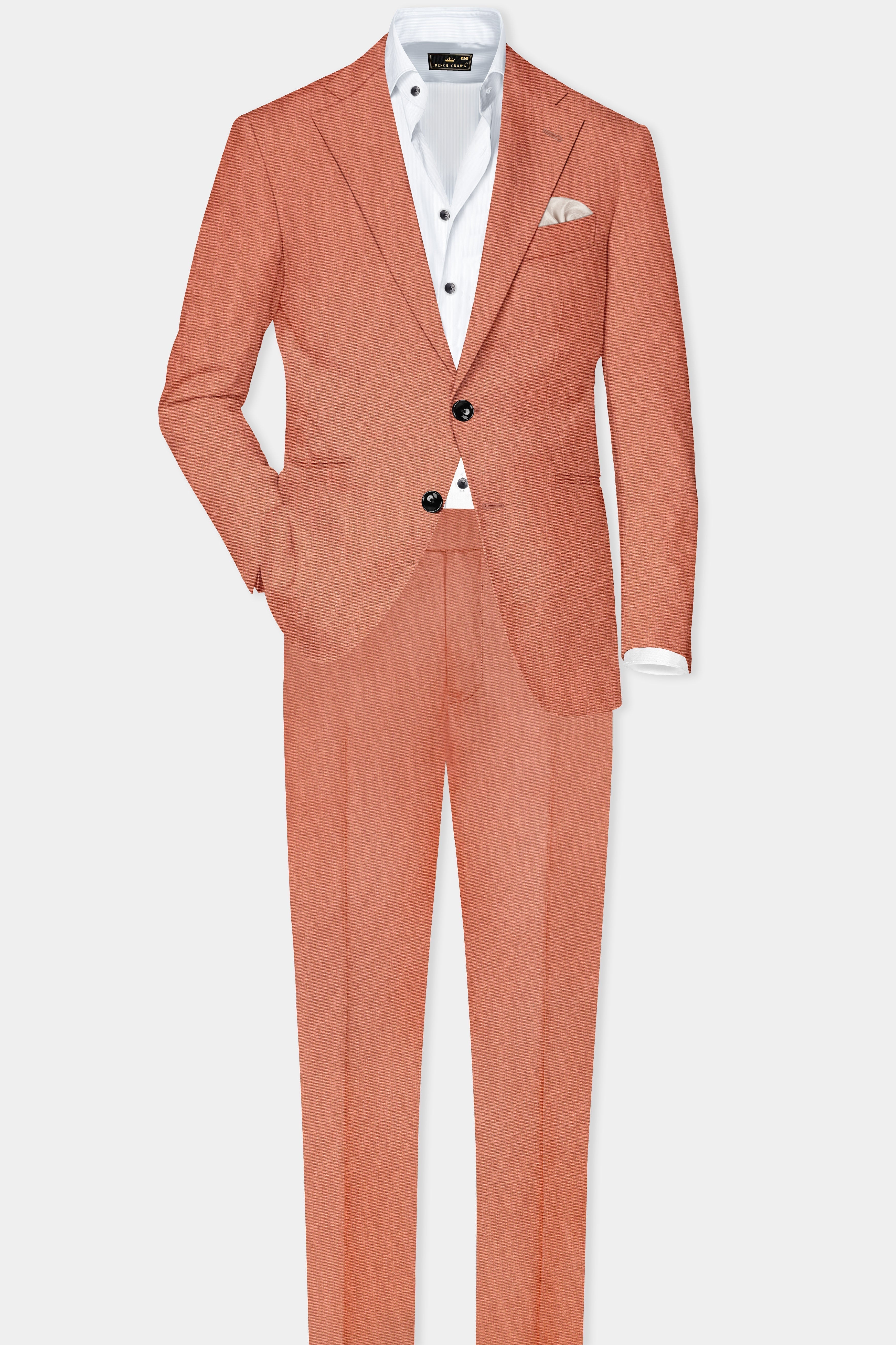 Spiced Sunset-Salmon Orange Solid Wool Rich Single Breasted Stretchable traveler Suit
